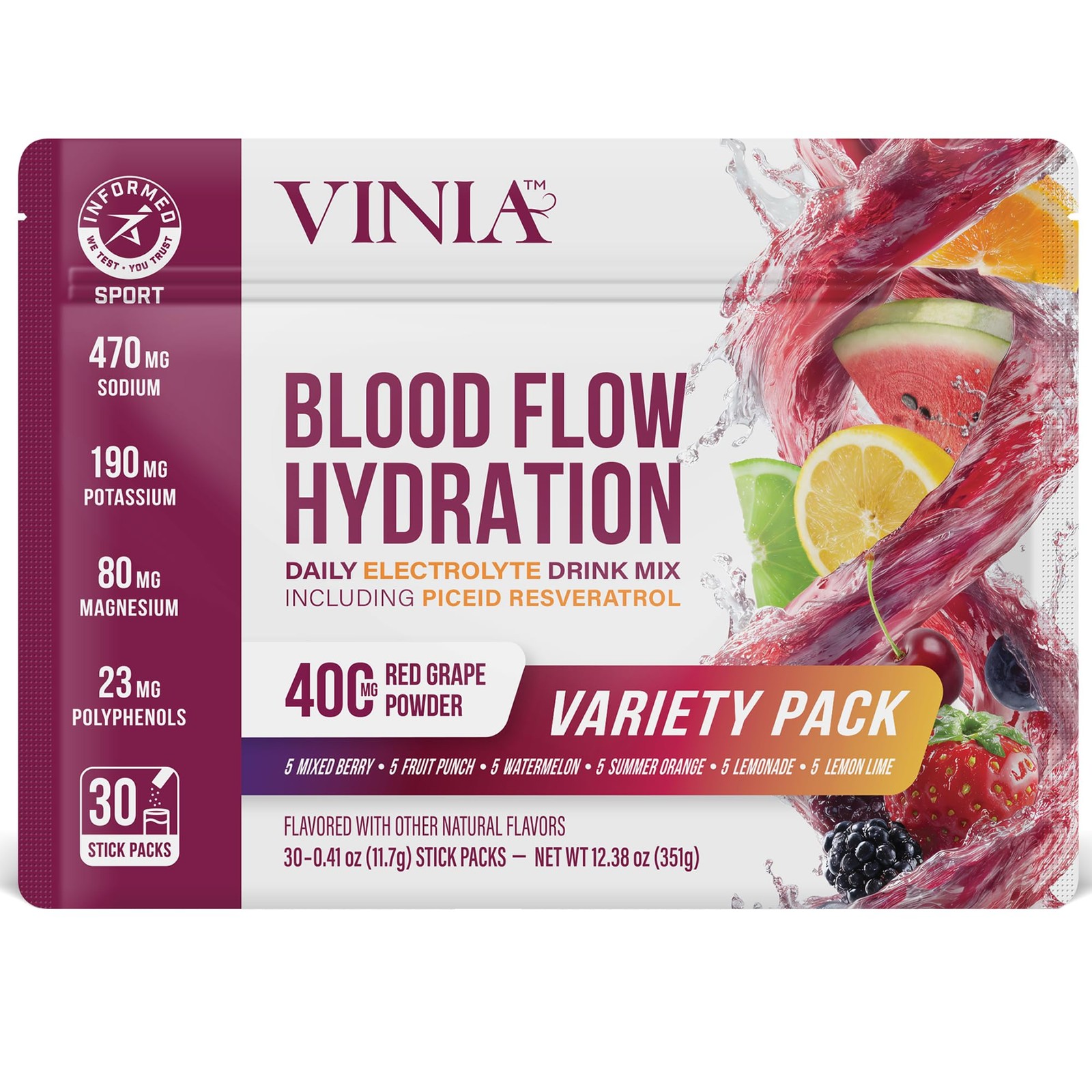 Electrolyte Hydration Powder Mix Resveratrol Sea Salt Coconut Water VINIA Boost