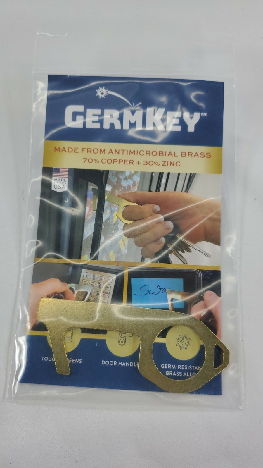 ORIGINAL Germ Key From Antimicrobial Brass Made In USA Attaches To Keychain New!