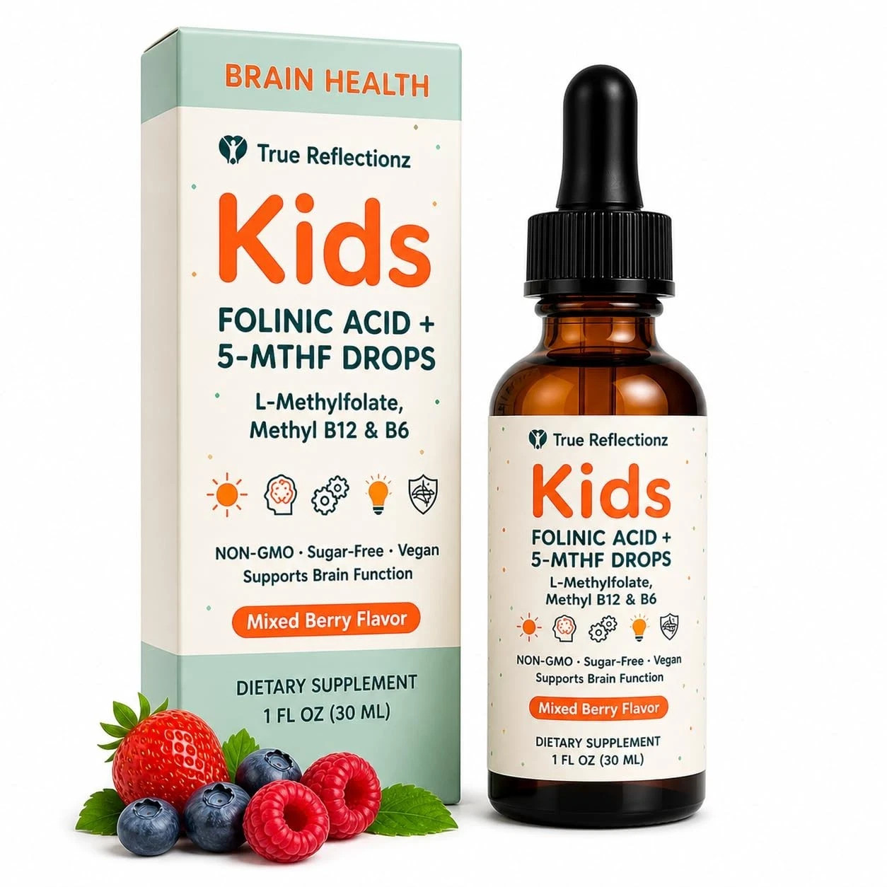 Folinic Acid Drops Kids 800 mcg L Methylfolate B12 P5P B6 1 Fl Oz 5-MTHF Gentle