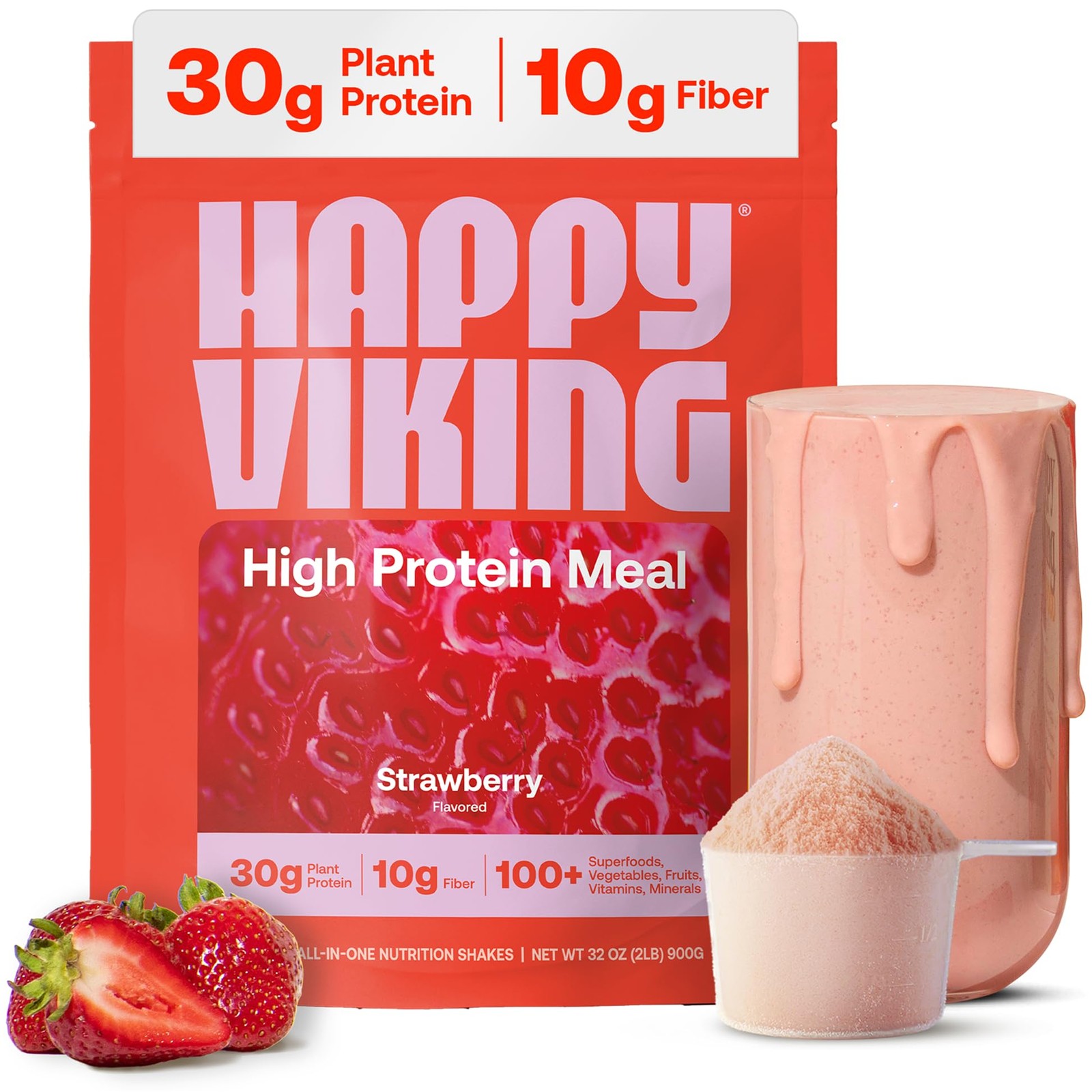 Protein Powder Plant Based 30g Strawberry Meal Replacement 15 Meals Vegan Happy
