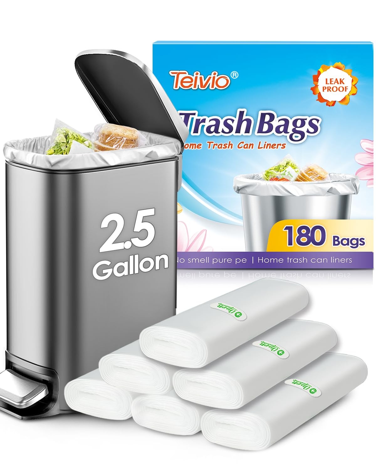 Trash Bags 2.5 Gallon 180 Count Strong Clear Garbage Liners Teivio Counts Small