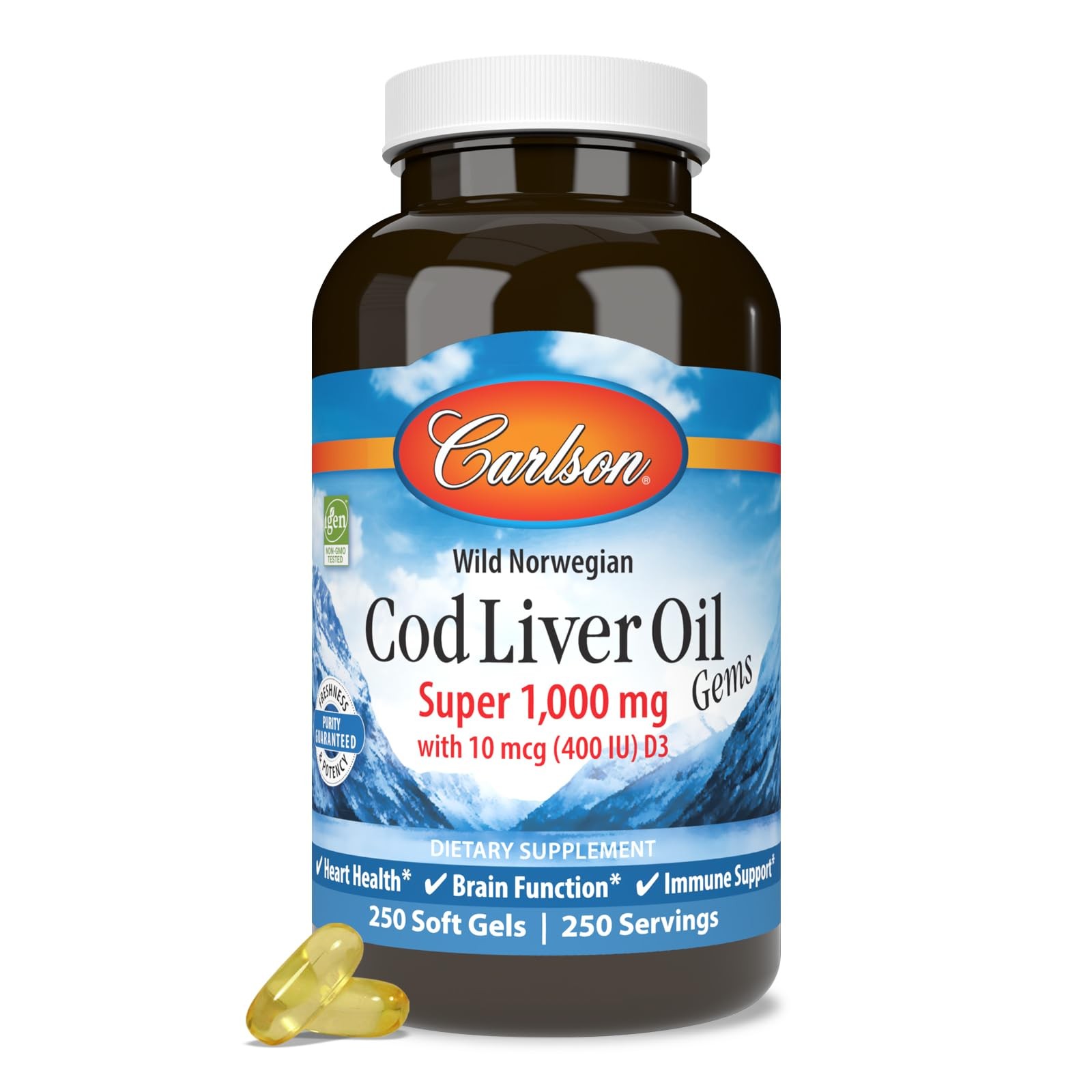 Cod Liver Oil 1000 mg Omega 3 250 Softgels Carlson Model 1302 Gems