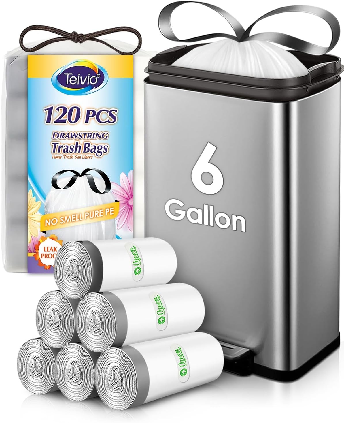 6 Gallon 120pcs Strong Drawstring Trash Bags Garbage by Teivio, White