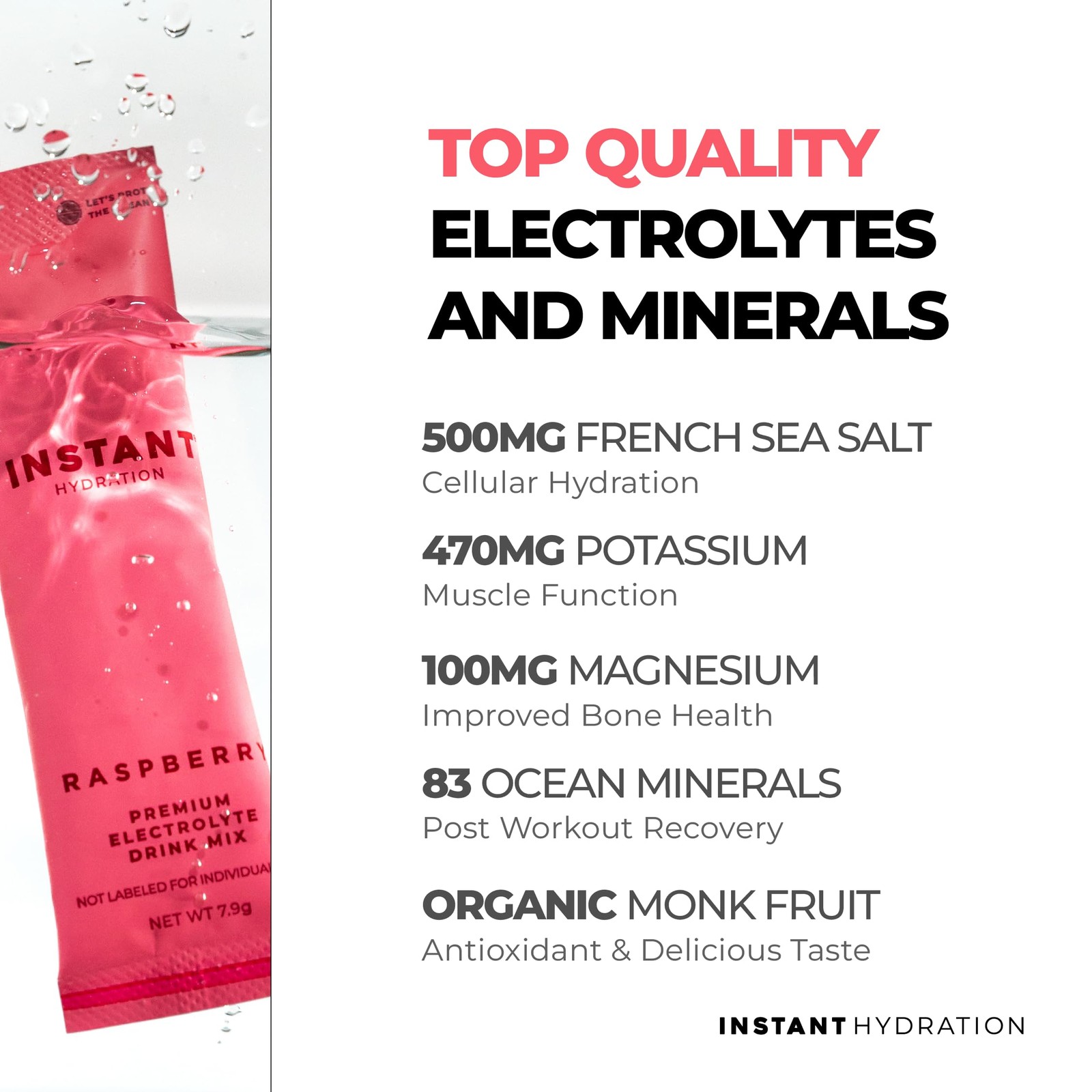 Electrolyte Powder Packets Instant Hydration Raspberry 30 Sticks Zero Sugar
