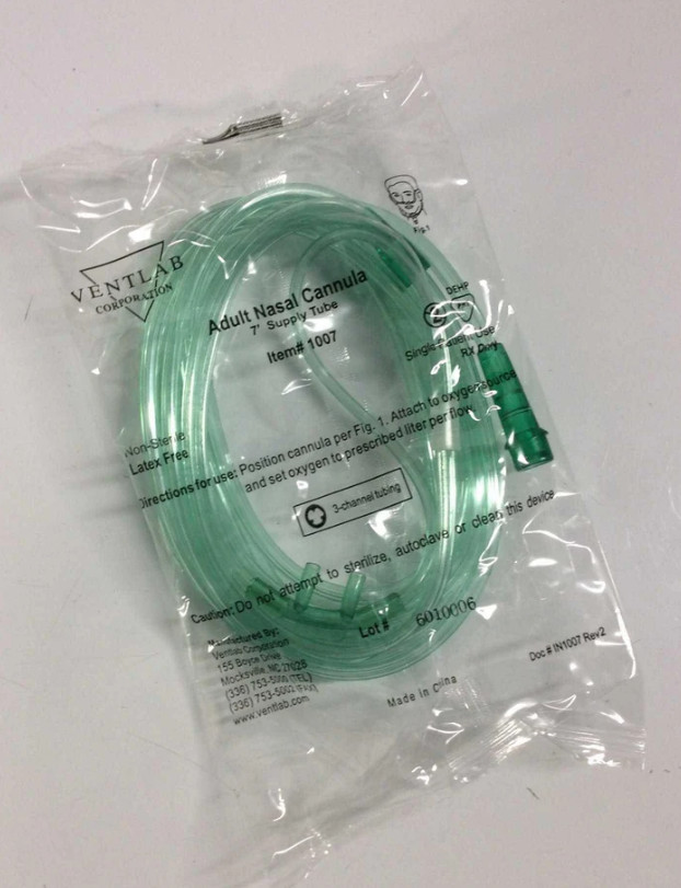 Ventlab 1007 Adult Cannula GREEN, 7ft tubing Std Connector w/tab NEW in mfg pkg
