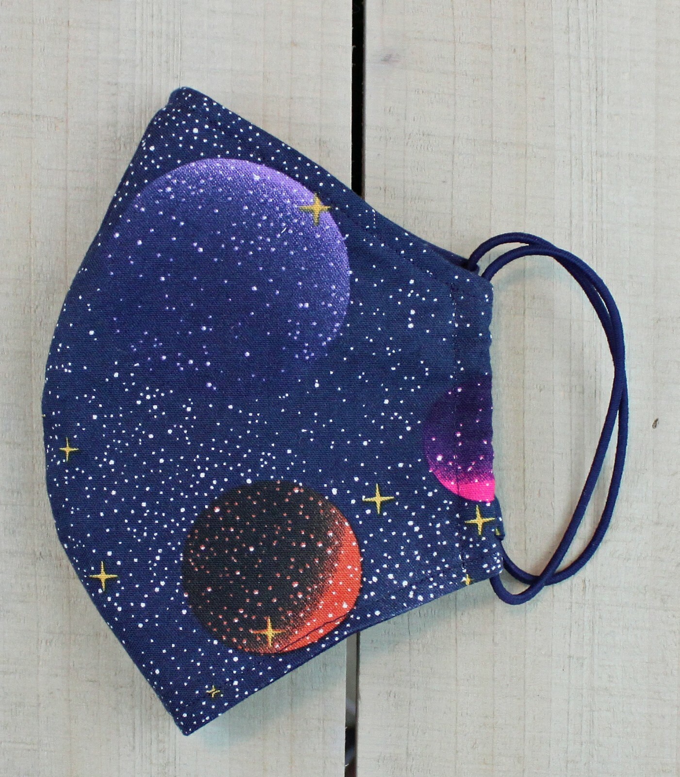 Blue Planets and Space Print 100% Cotton Face Mask. Hand sewn mask made in USA.