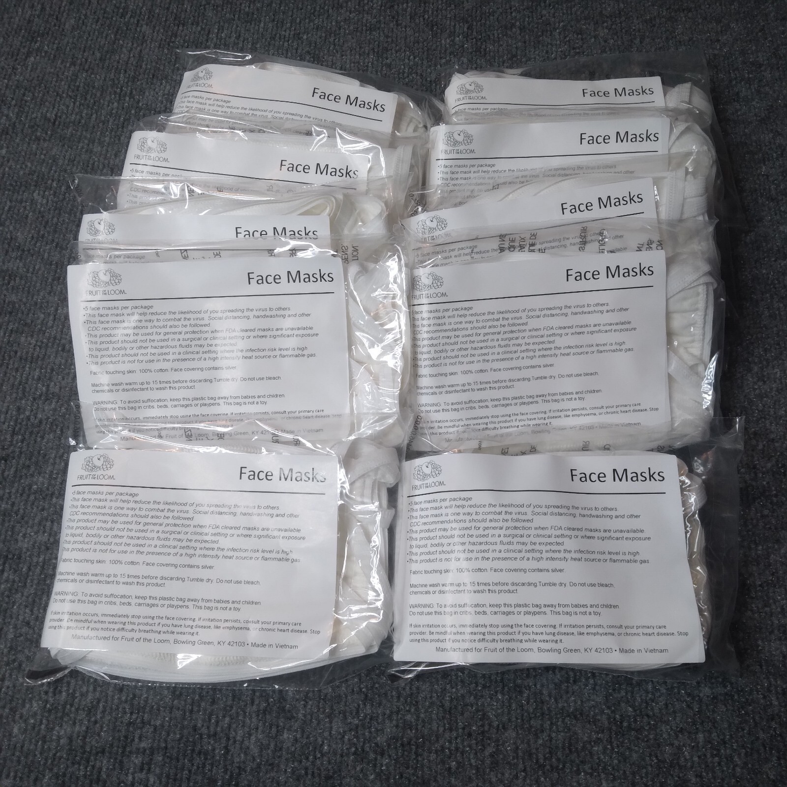 (10/5Packs) Fruit of The Loom Face Masks (1)Case Cotton With Silver