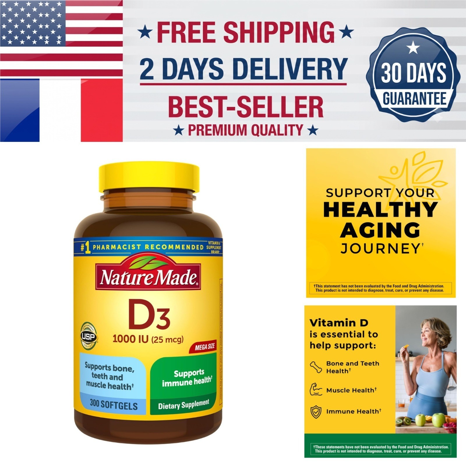 Nature Made Vitamin D3 1000 IU Softgels, 300 Count, Immune & Bone Support