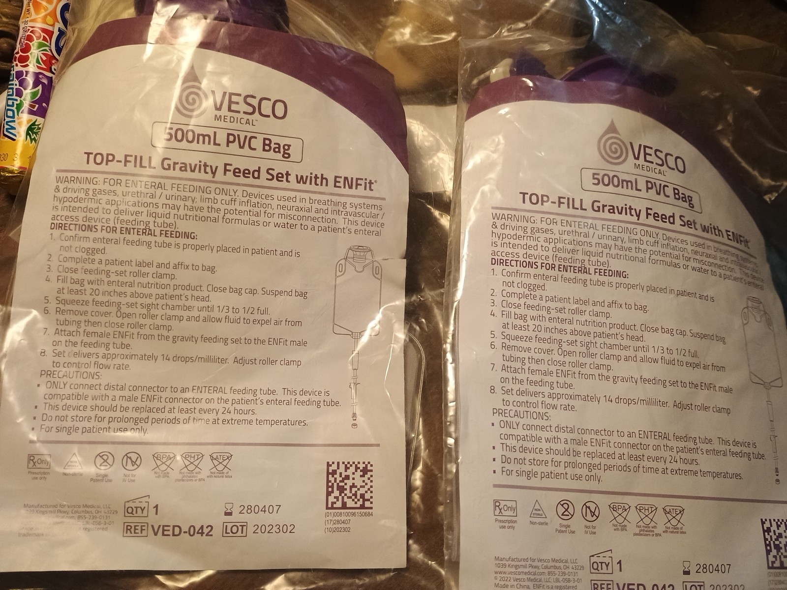Lot Of 2 VESCO,Medical 500 ML PVC Ba, Top Fill gravity Feed Set W Enfit