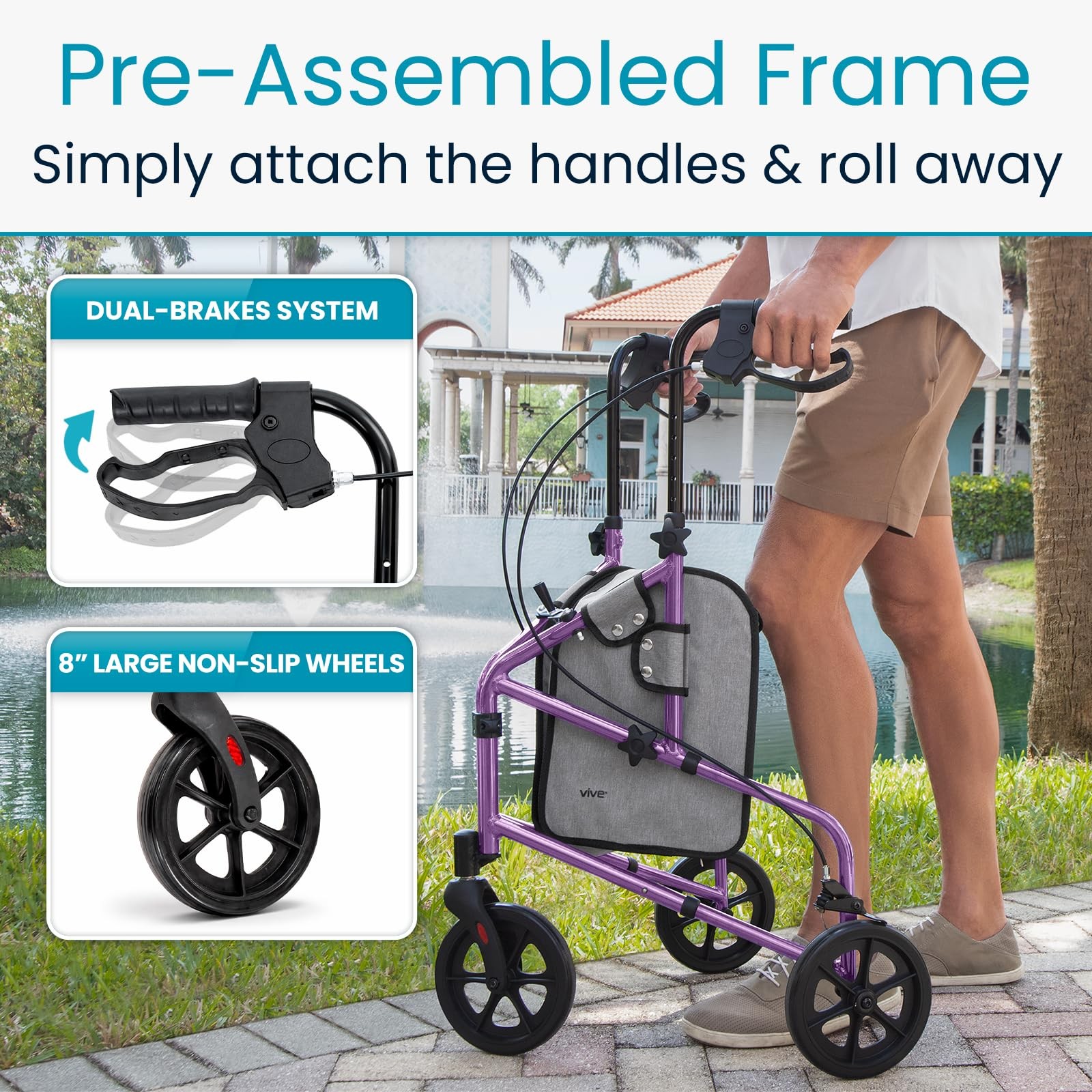 3 Wheel Walker Lightweight Foldable Heavy Duty Rollator Seniors Vive Mobility