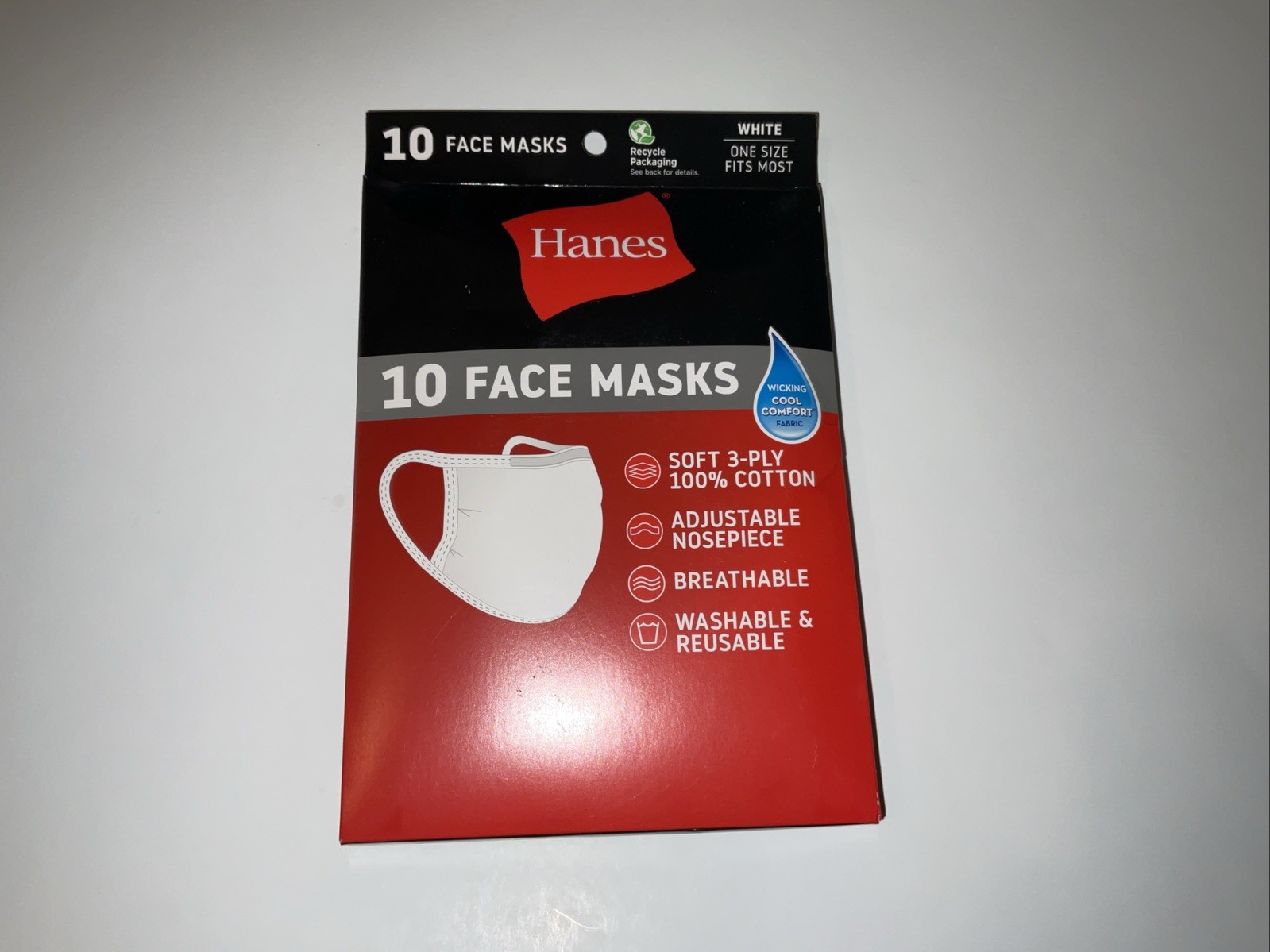 Hanes Face Mask 100% Cotton Washable & Reusable White – 10 Masks