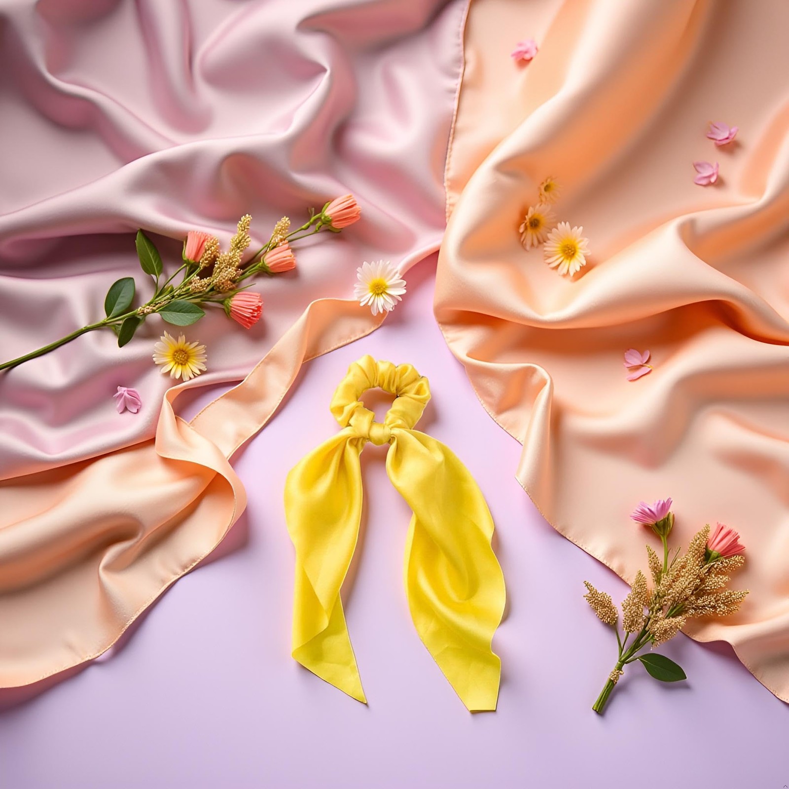 Yellow Women Girl Bow Satin Ribbon Ponytail Scarf Hair Tie Rope Scrunchies Elast