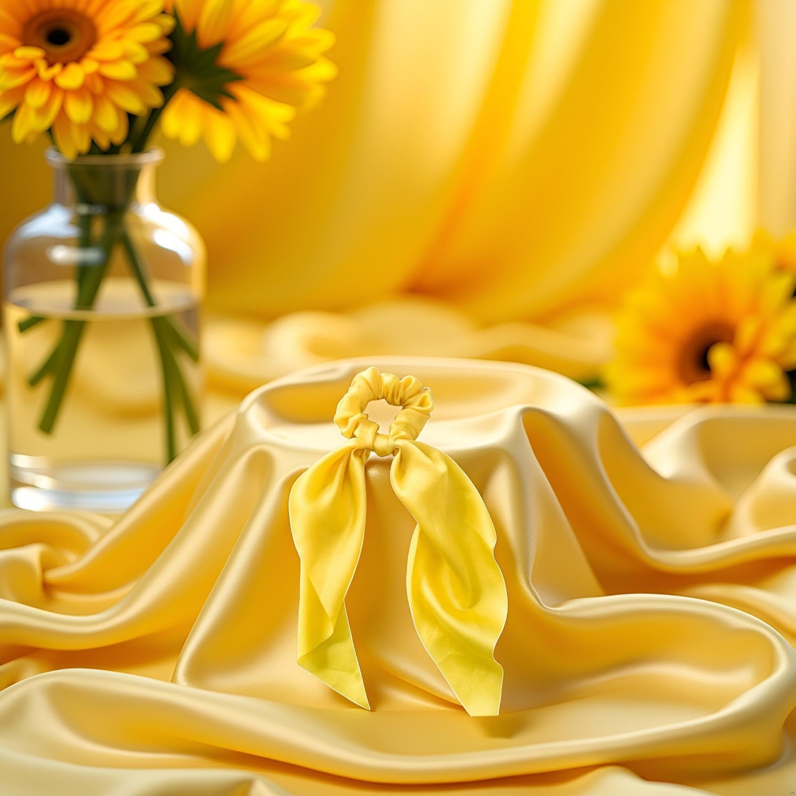 Yellow Women Girl Bow Satin Ribbon Ponytail Scarf Hair Tie Rope Scrunchies Elast