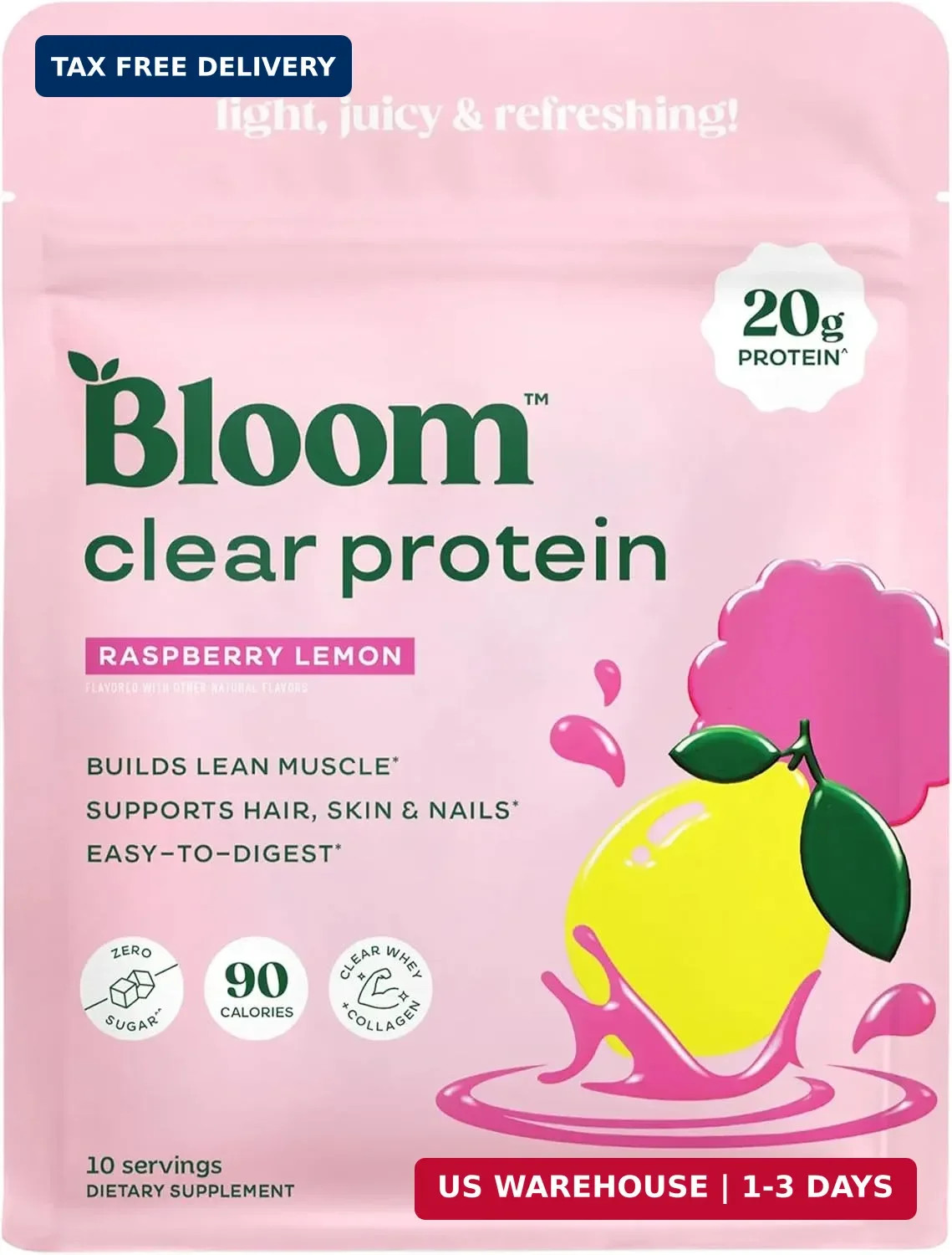 Bloom Whey Clear Protein, Raspberry Lemonade 10 servings, 9.07 fl oz