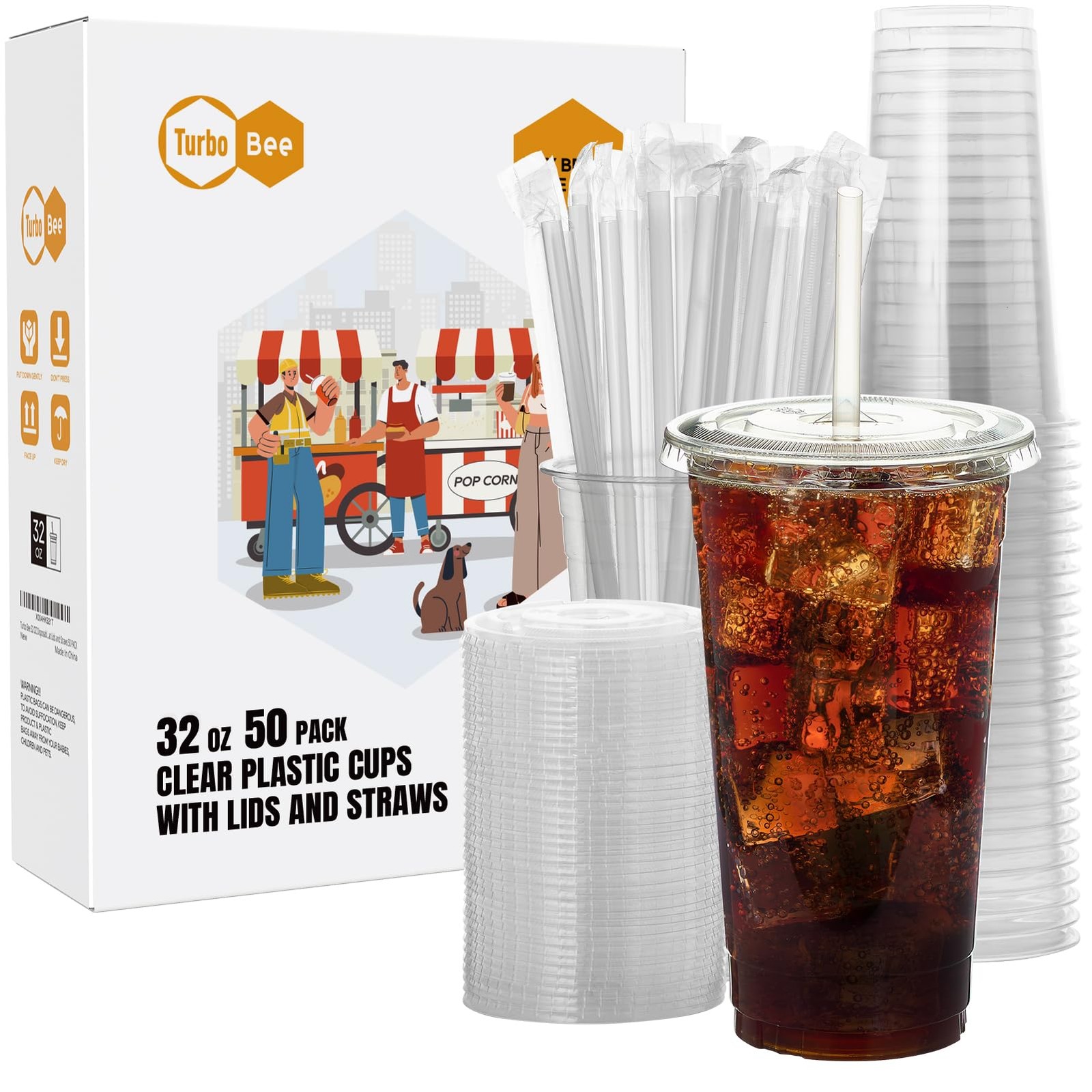Disposable Plastic Cups 32oz Clear Lids Straws Turbo Bee Sets Iced Cold
