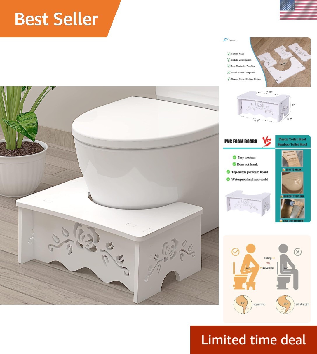Squatting Toilet Stool – Poop Stool for Bathroom, Wood-Plastic Composite, 7 I…