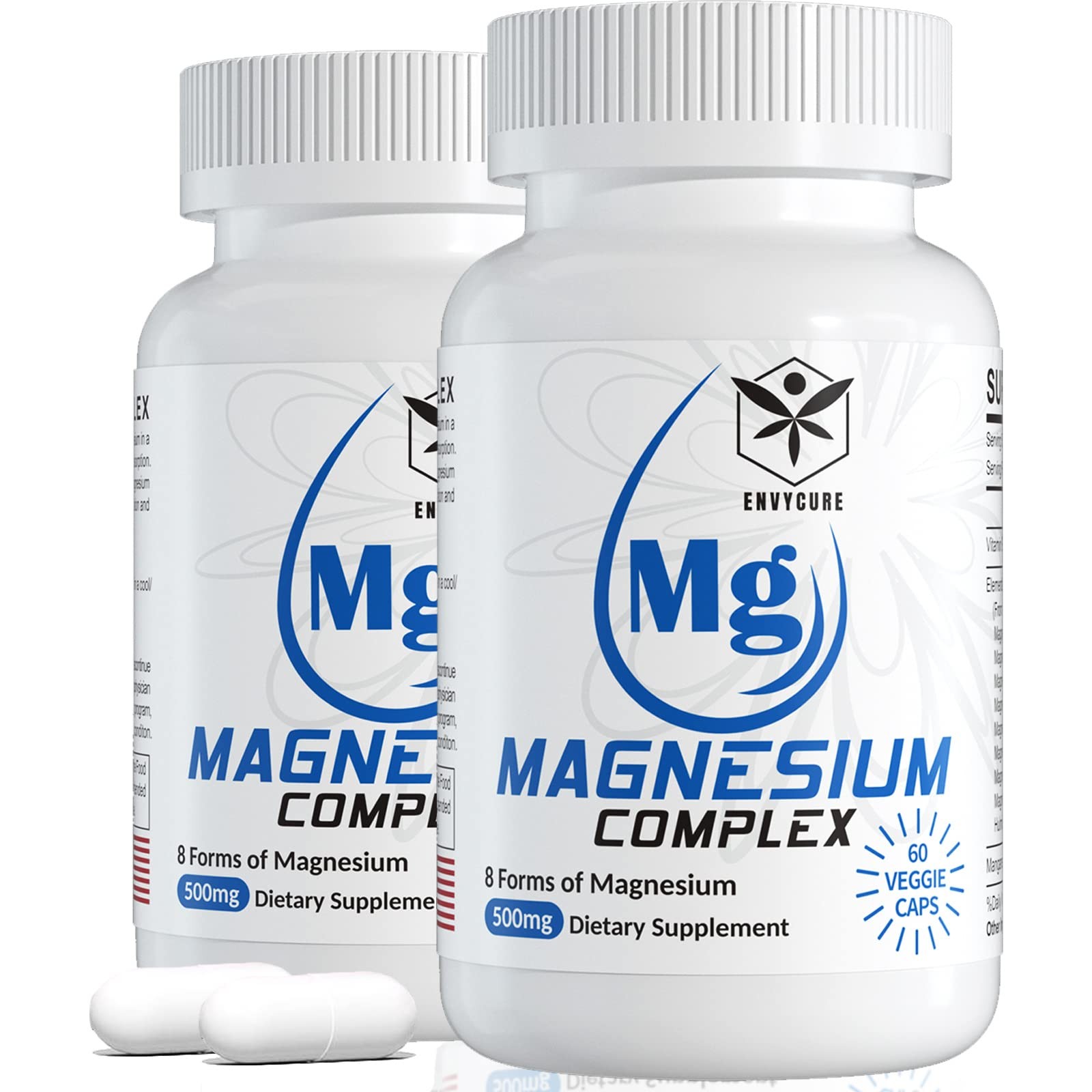 Magnesium Complex Supplement 500mg 60 Count Pack of 2 White Forms Glycinate High