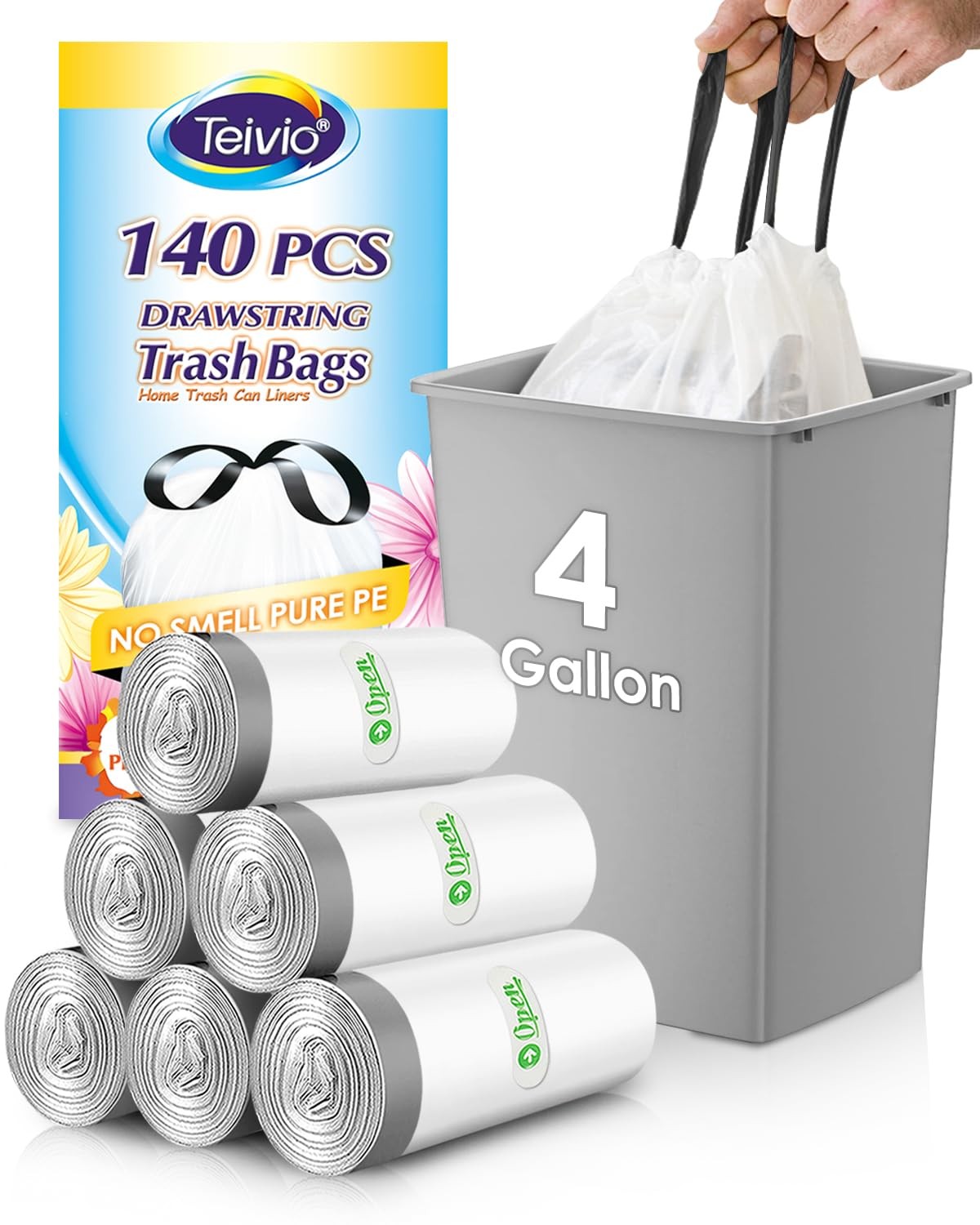 4 Gallon 140 Counts Strong Drawstring Trash Bags 1 Count (Pack of 140), White
