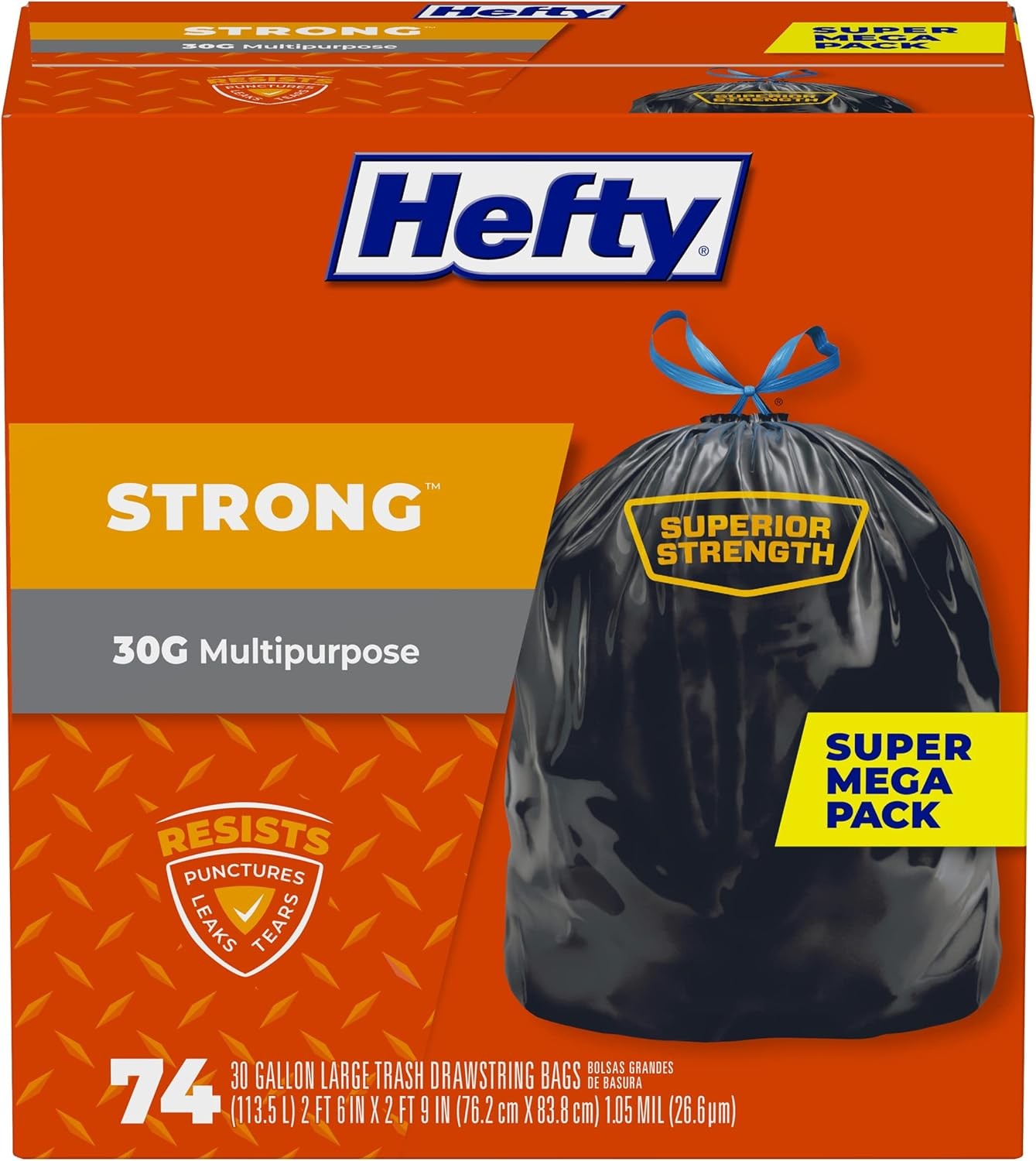Hefty Strong Large Trash Bags, 30 Gallon, 74 74 Count (Pack of 1), Black
