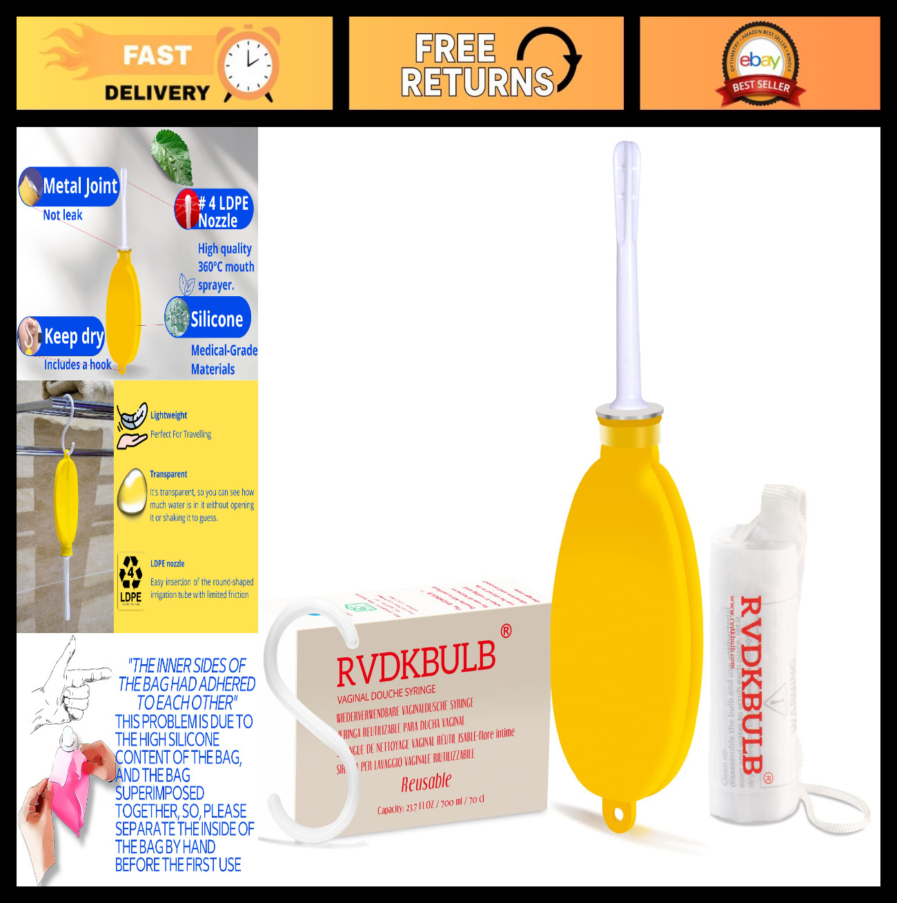 Portable Silicone Douche Bag with Storage Pouch – Travel-Friendly, 24 Fl Oz, Yel