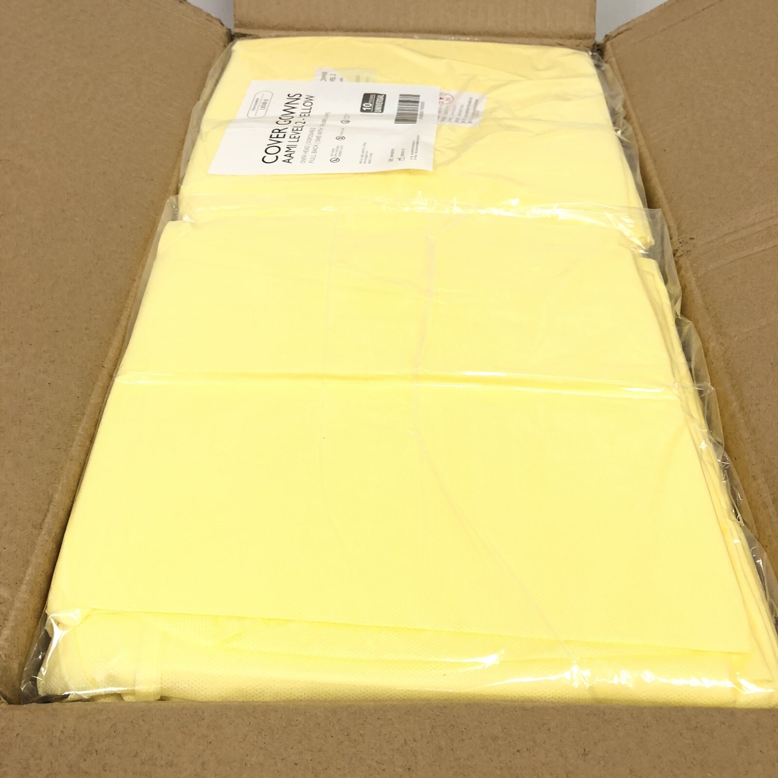 Case of 100 LV240-U AAMI Level 2 Yellow Cover Gowns New Over Head Full Back