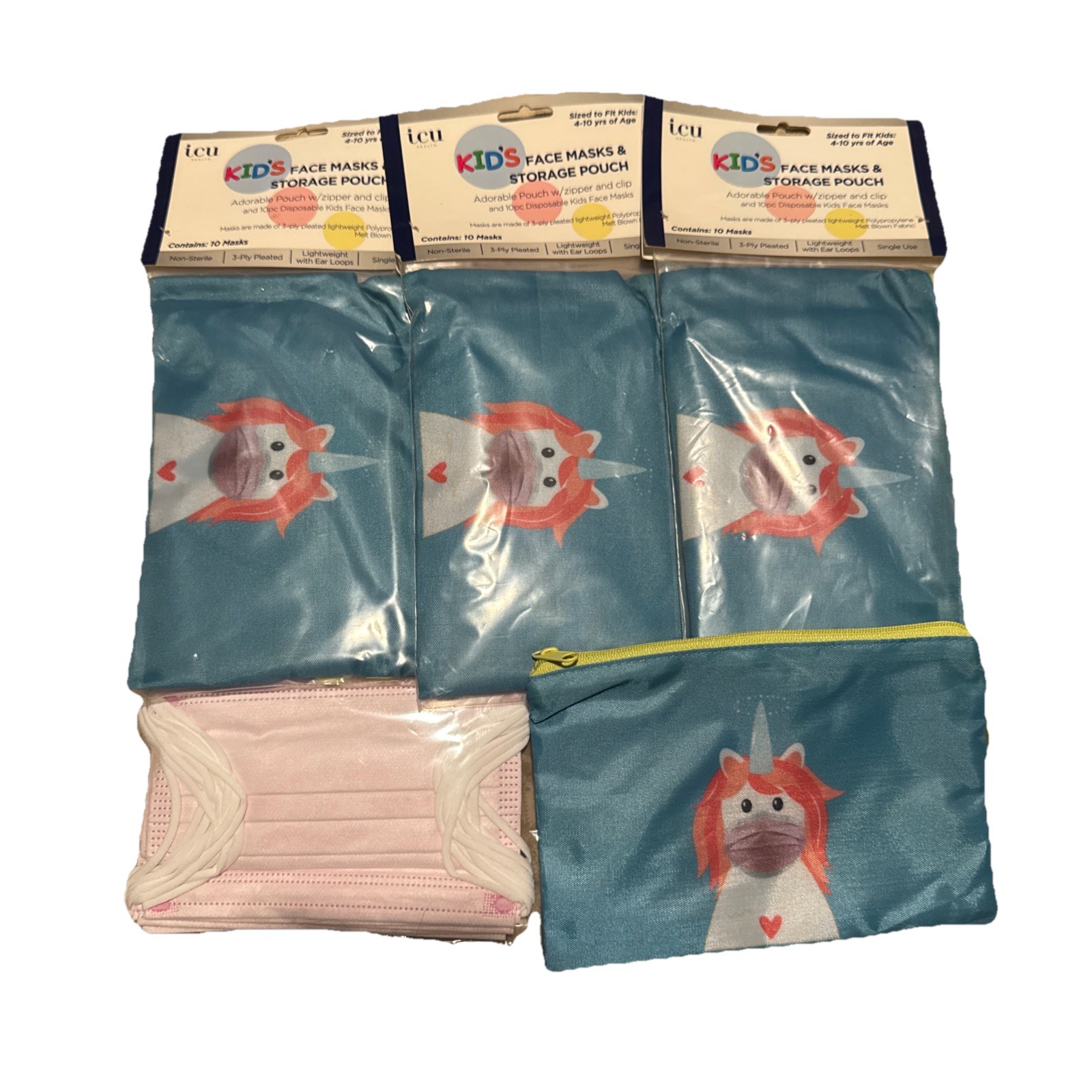 ICU Health Lot of 4Kids Face Masks And Storage Pouch Zipper Ages 4-10 Years