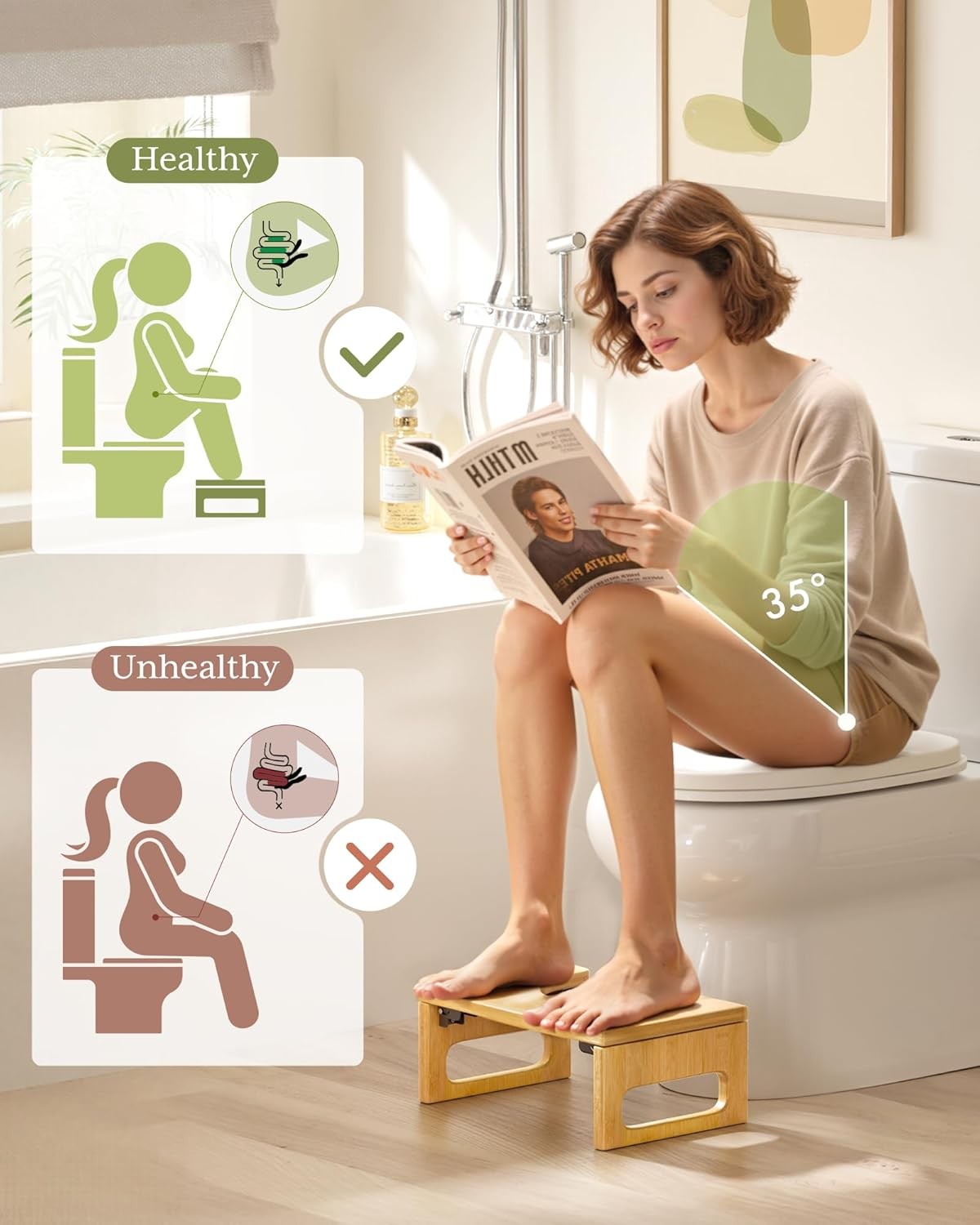 AmazerBath 7 Inches Bamboo Toilet Stool Squat for Adult, Foldable Squatting Pott