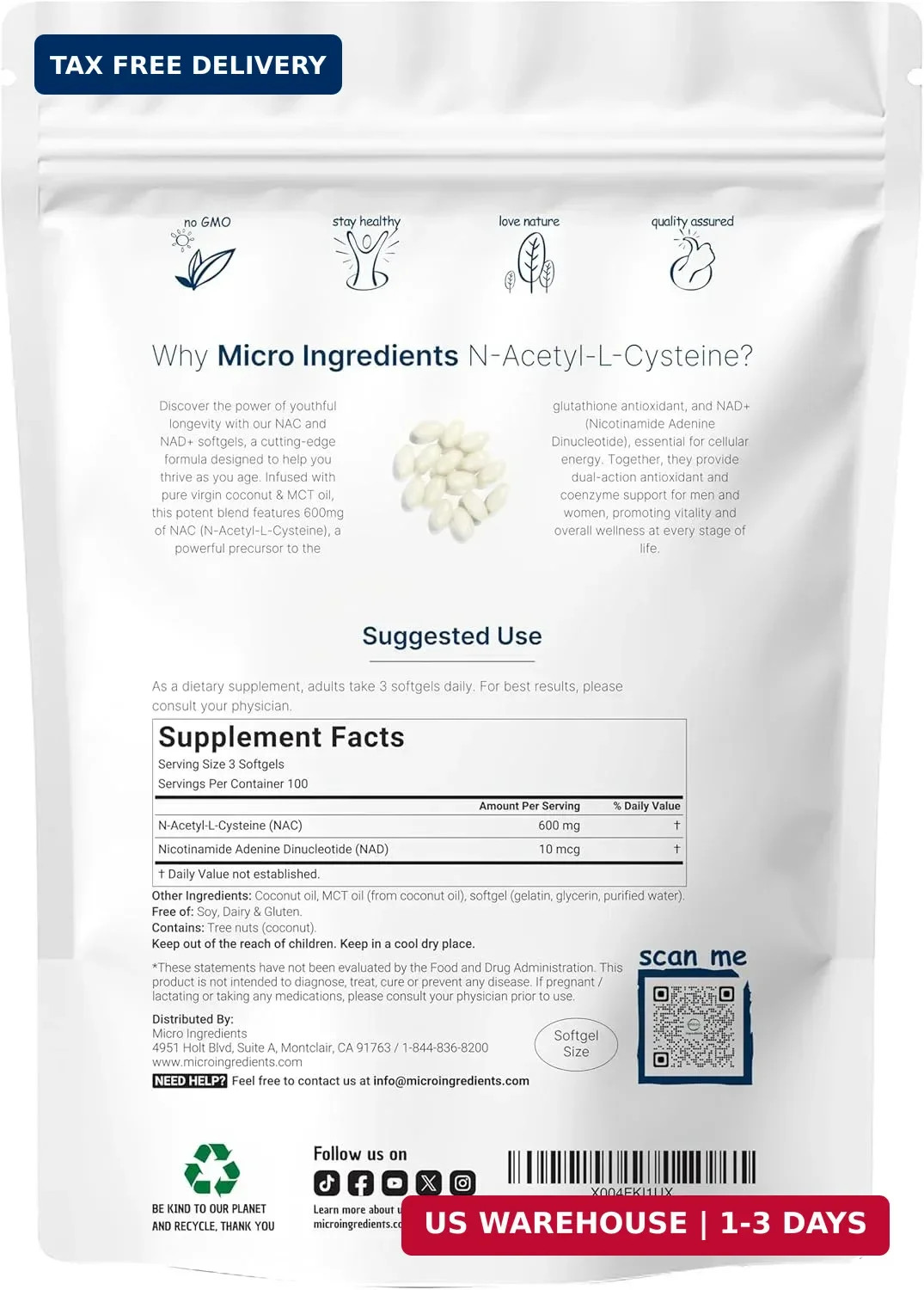 Micro Ingredients NAC Supplement 600mg with NAD+ & Coconut Oil, 300 Softgels | 2