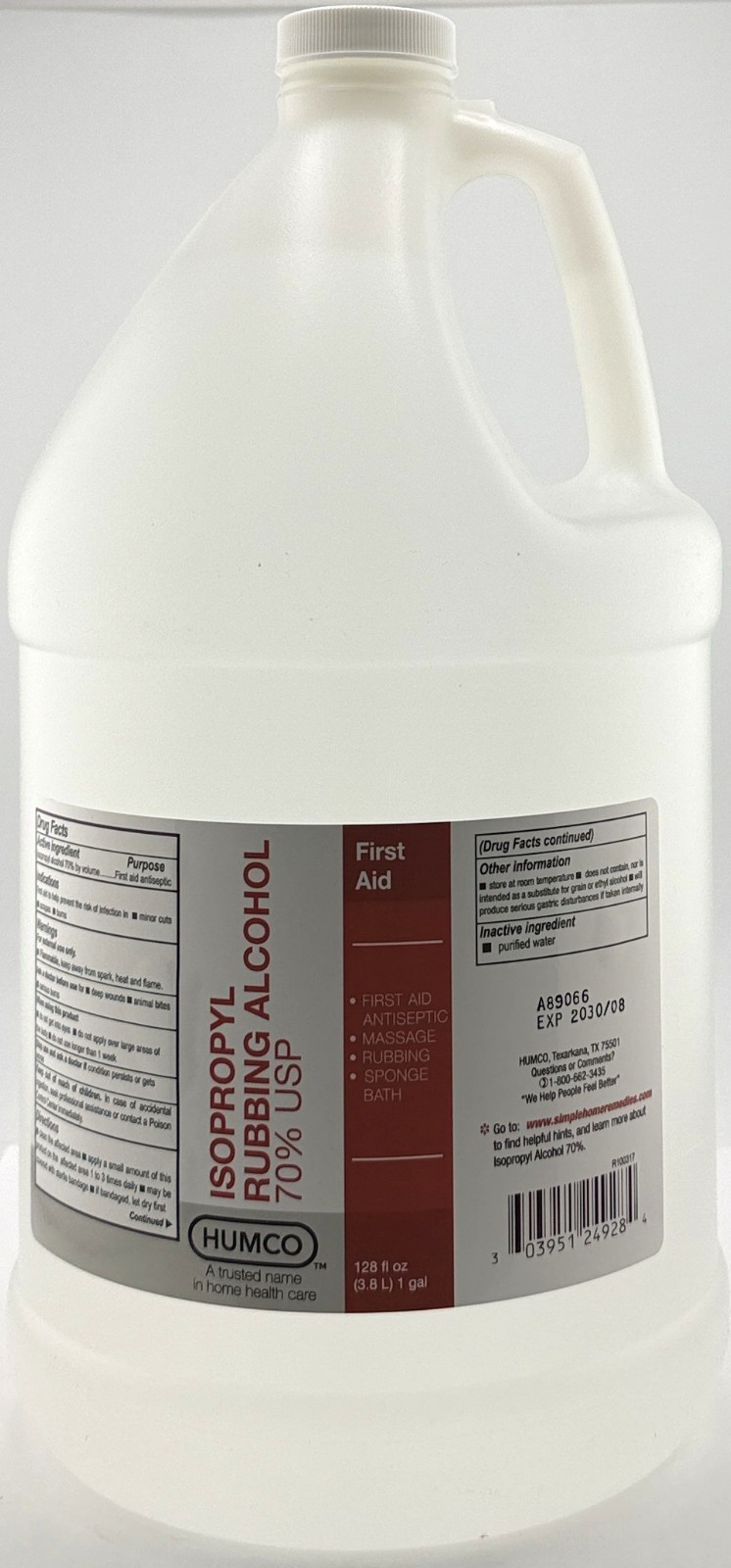 Humco Isopropyl Rubbing Alcohol 70% USP First Aid Antiseptic (1 Gallon) USA