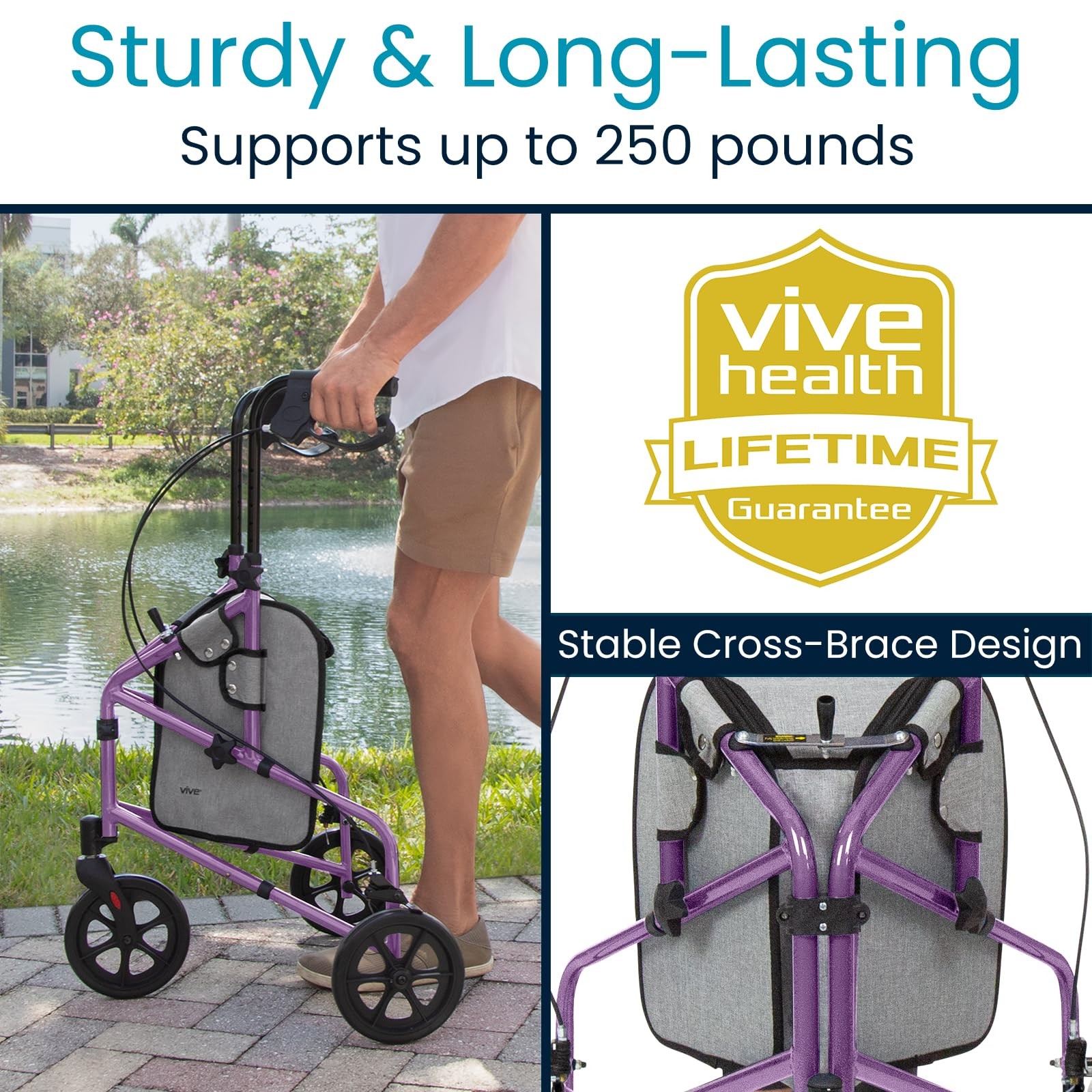 3 Wheel Walker Lightweight Foldable Heavy Duty Rollator Seniors Vive Mobility