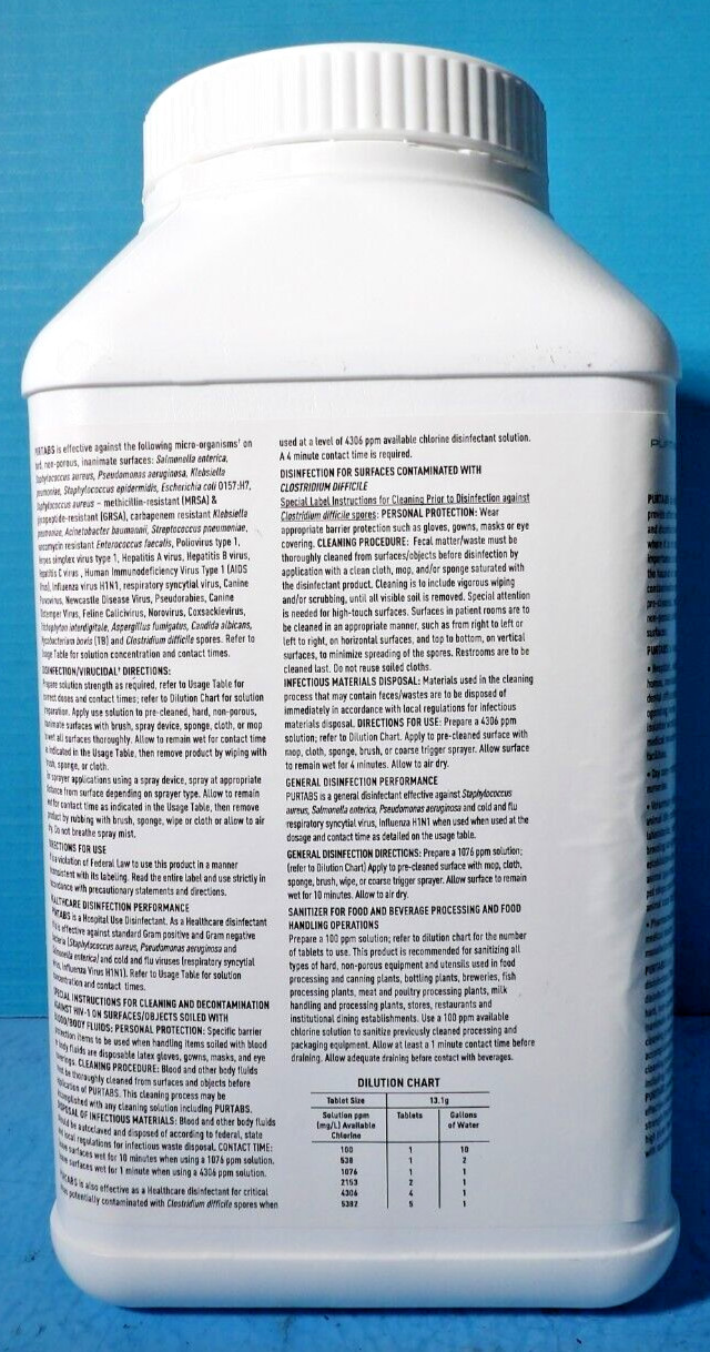 PURTABS EFFERESCENT SANITIZING DISENFECTION 256 TABLETS 13.1MG HOSPITAL GRADE