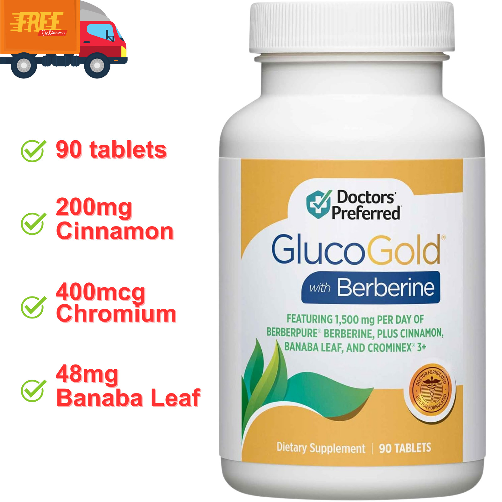 GlucoGold 1500mg per Day Concentrated Cinnamon, Chromium, Banaba Leaf 90 Tablets