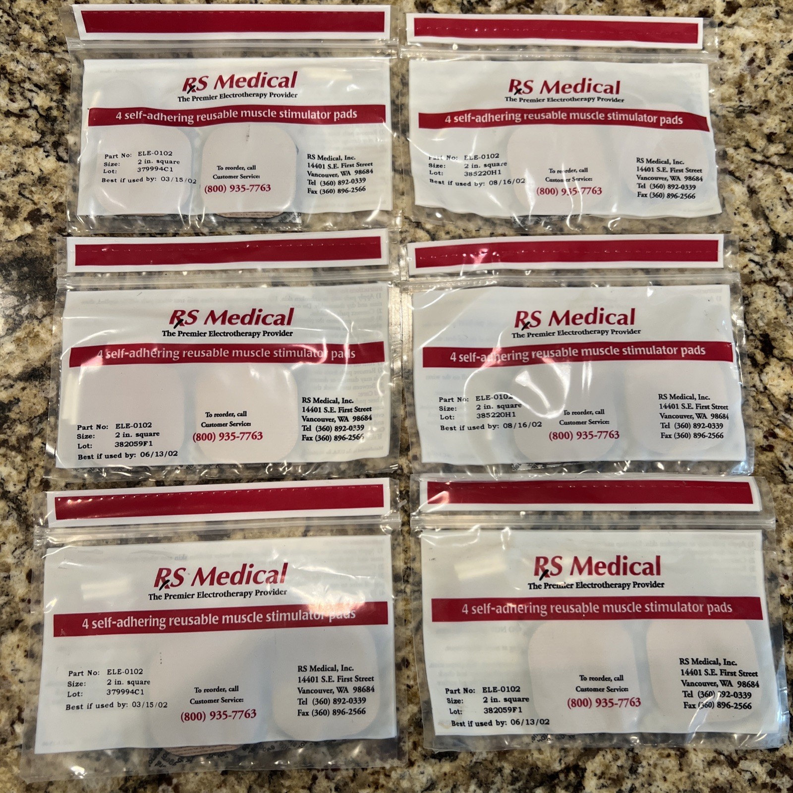 6xRS Medical Self-Adhering Muscle Stimulator Pads ELE-0102 NOS 2″ Square 4-Packs