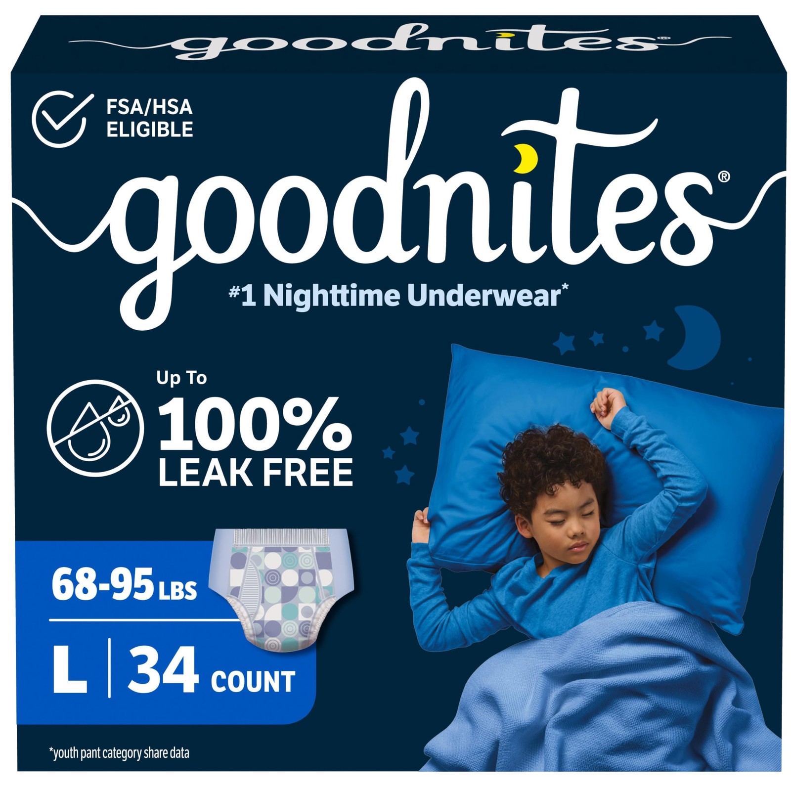 Goodnites Boys Nighttime Bedwetting Underwear Large 68-95 lb 34 Ct Size