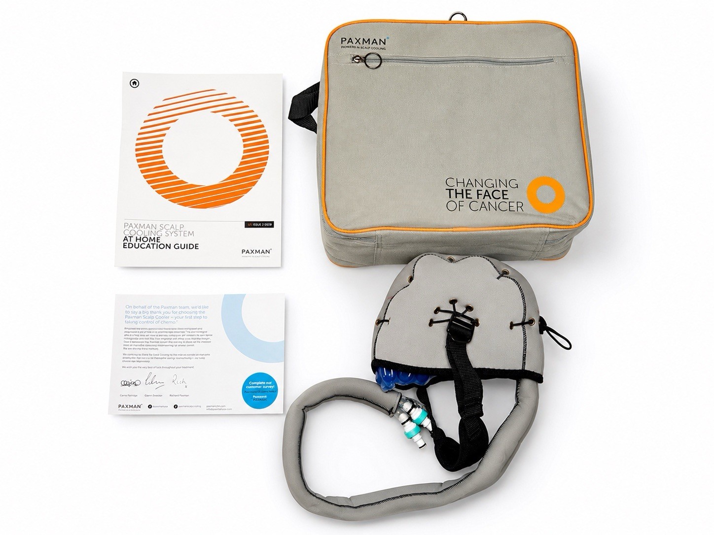 PAXMAN Reusable Scalp Cooling Cap Kit Gray/Orange w/ Carry Case Small