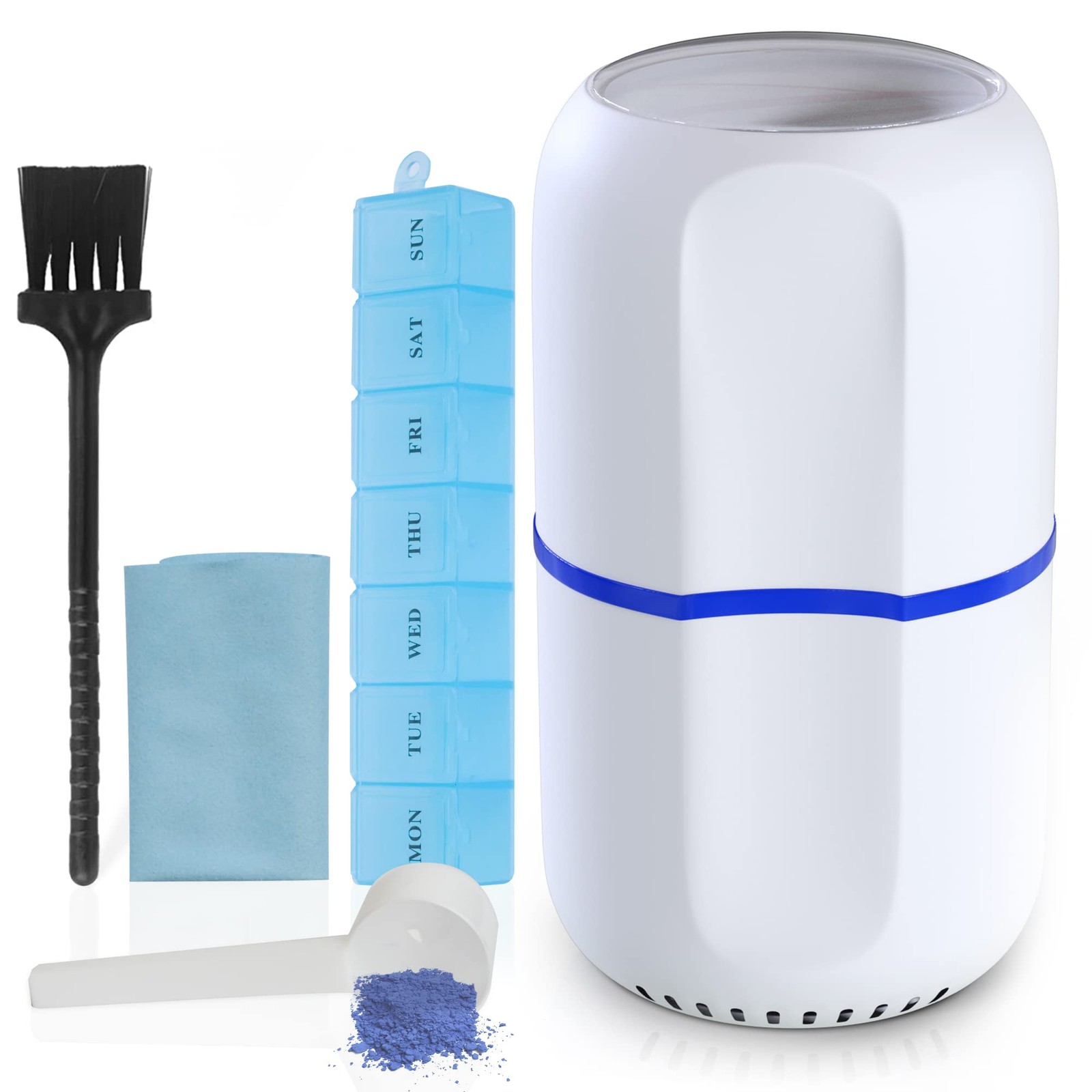 Electric Pill Crusher Grinder – Fine Powder Electronic 2 Piece Set, White