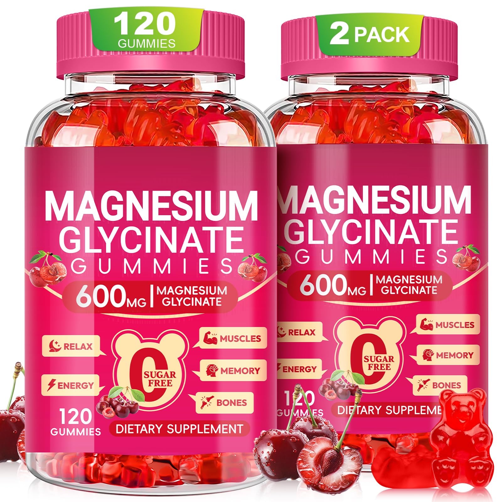 Magnesium Glycinate Gummies 600mg Cherry 120 Count Pack Chewable Sugar Free Days