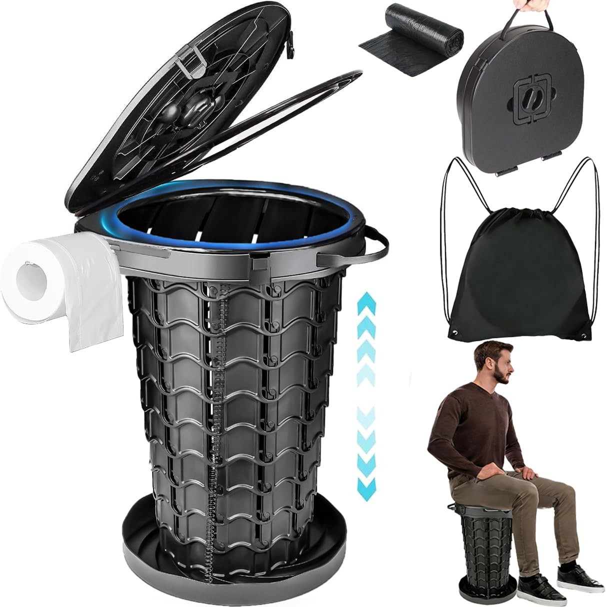 2026 Upgraded XXL 18.7″H Portable Toilet for Adults with Carring Handle Black