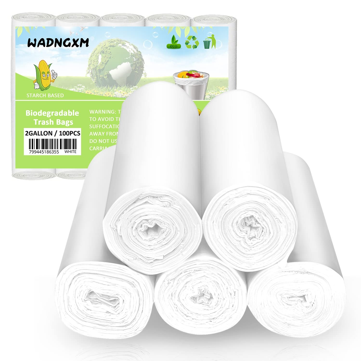 Biodegradable Bathroom Trash Bags 2 Gallon 1 Count (Pack of 100), White