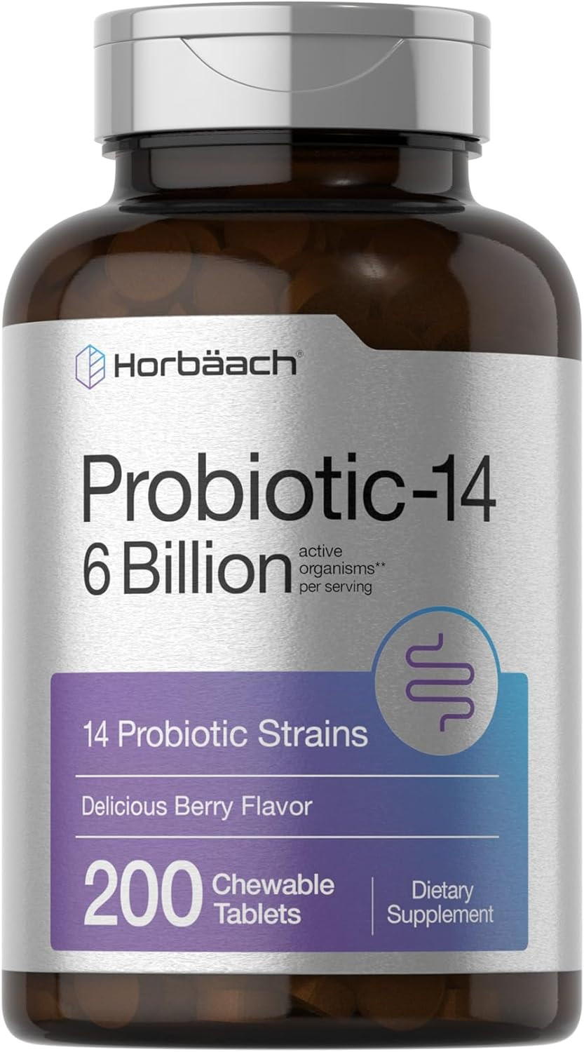 Probióticos 6 billones CFU 200 tabletas masticables 14 cepas sabor frutos