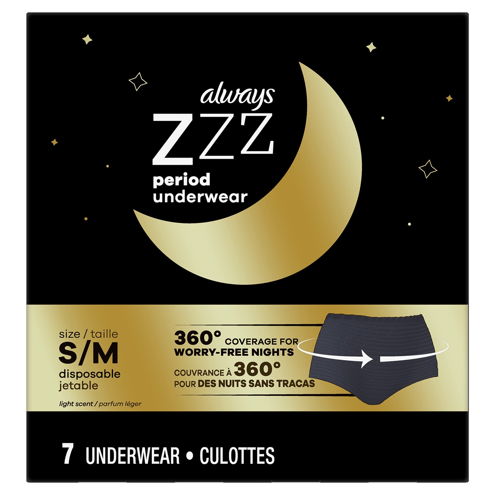 Always ZZZ Overnight Disposable Period Underwear Women S M 7 Count Black Size