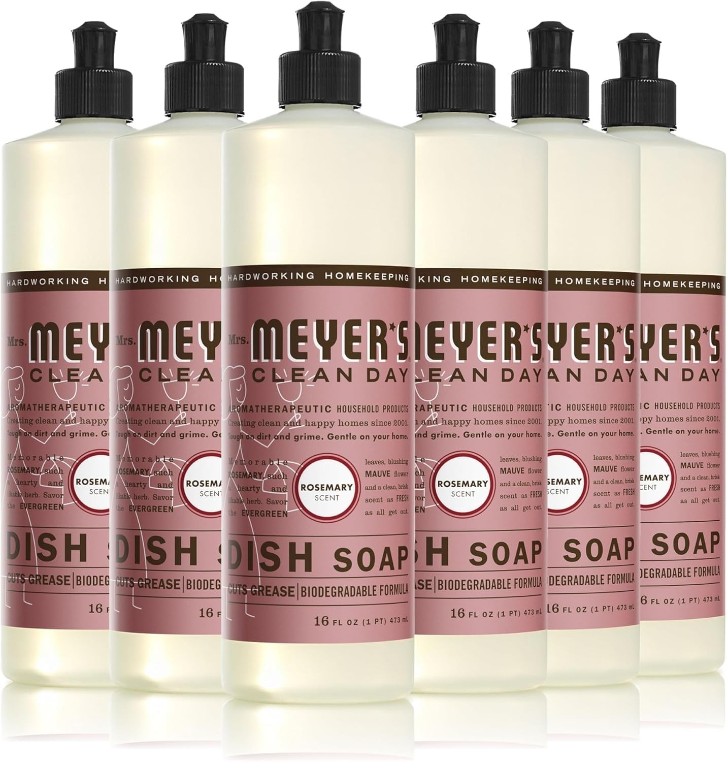 Liquid Dish Soap Rosemary Scent 16 Fl Oz Pack of 6 Mrs Meyer MEYERS CLEAN ounce