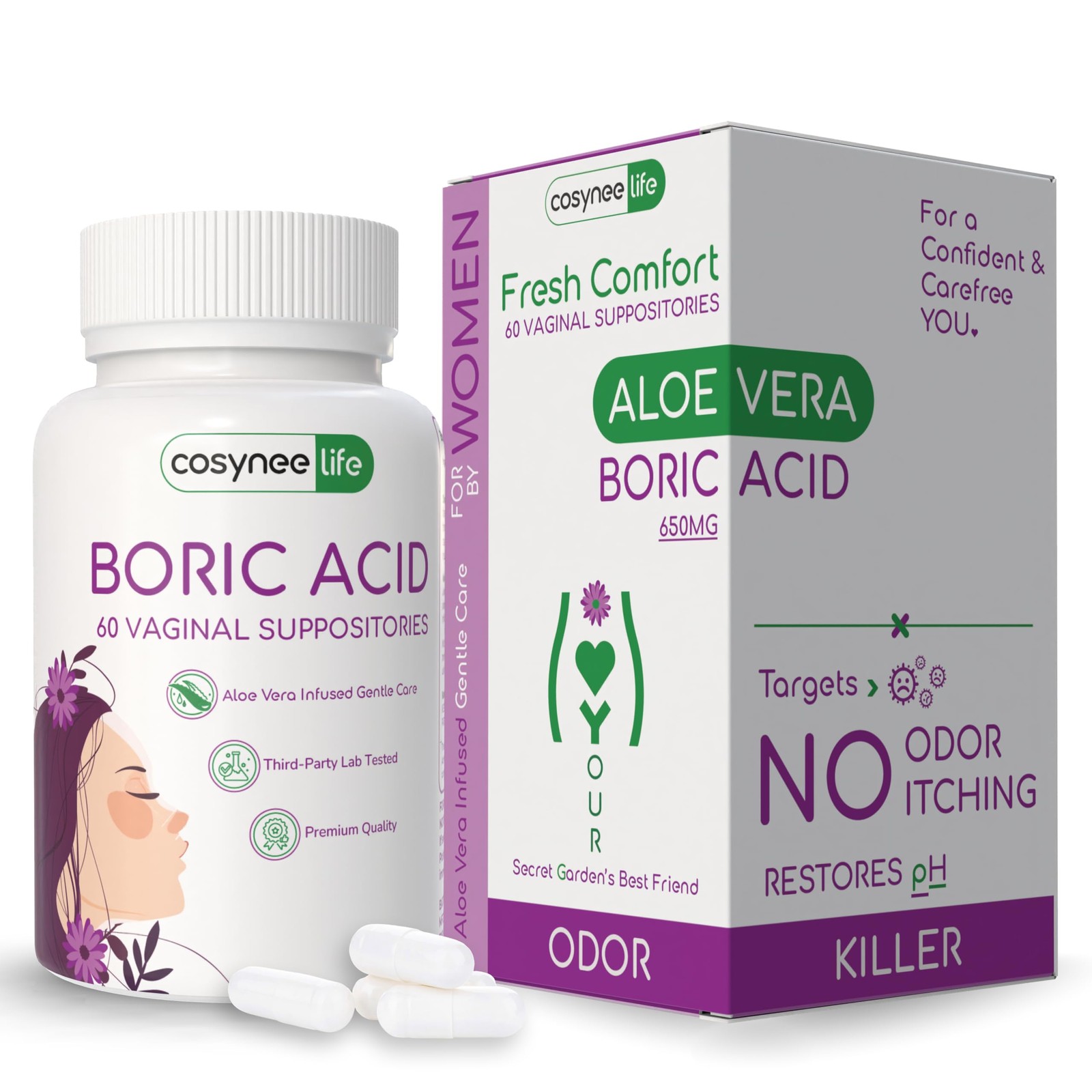 cosynee BORIC Acid Suppositories for Women + Aloe 60 Count (Pack of 1), White