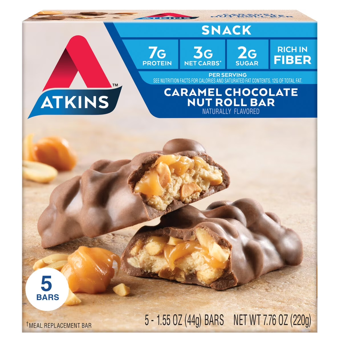 Atkins Snack, Protein Snack Bar, Caramel Chocolate Nut Roll Bars, 7g of Protein,