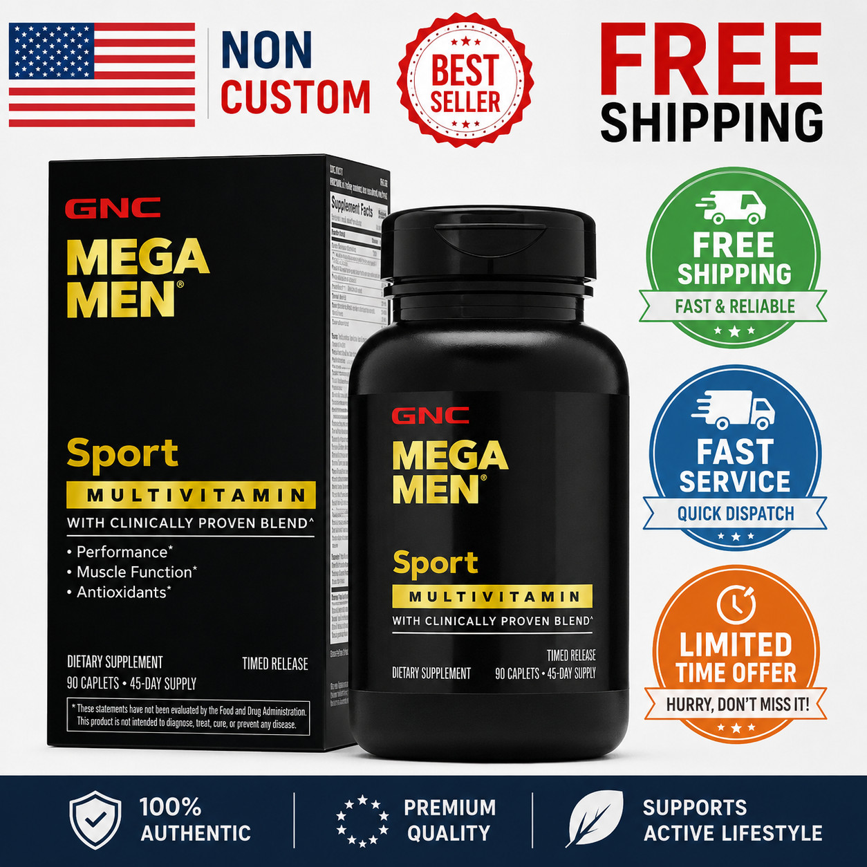 GNC Mega Men Sport Daily Multivitamin for Men 180 Caplets Exp 12/2029 USA