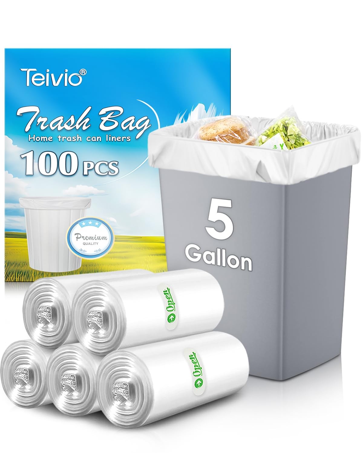 Teivio 5 Gallon 100 Counts Strong Trash Bags 1 Count (Pack of 100), clear
