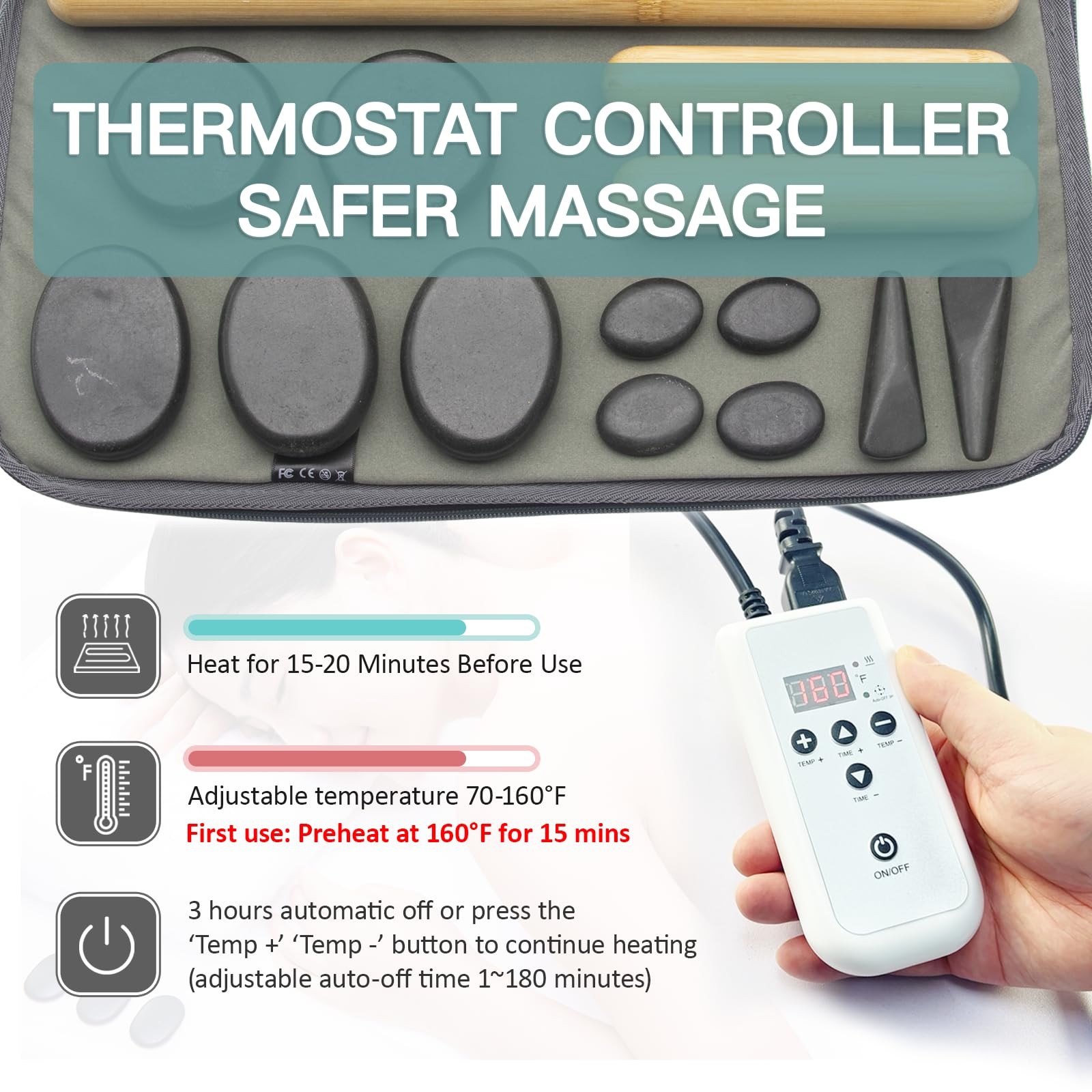 Massage Stones Set 11 Rocks Hot Stone Warmer Kit Temperature Control Gray Bamboo