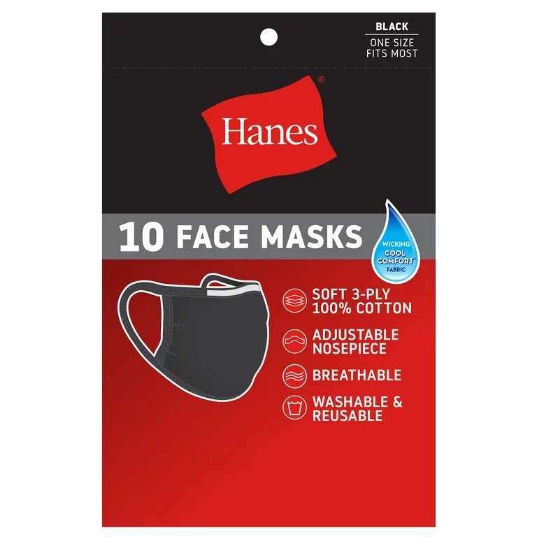 Hanes 10 Pack 100% Cotton Face Masks Black New