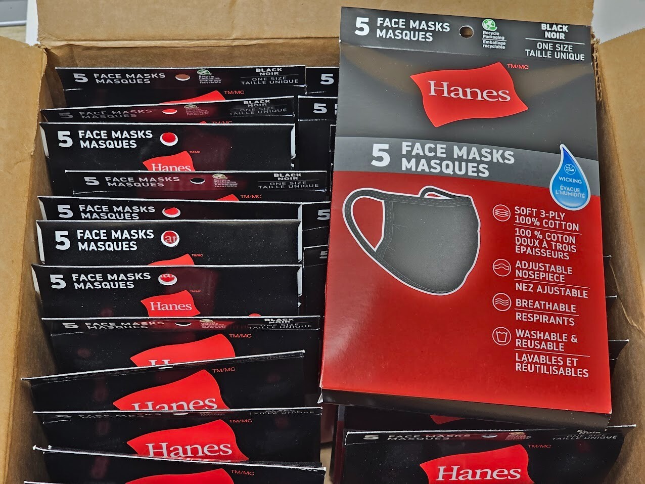 Case of 12 – Hanes 100% Cotton Fabric Face Mask Reusable BLACK.