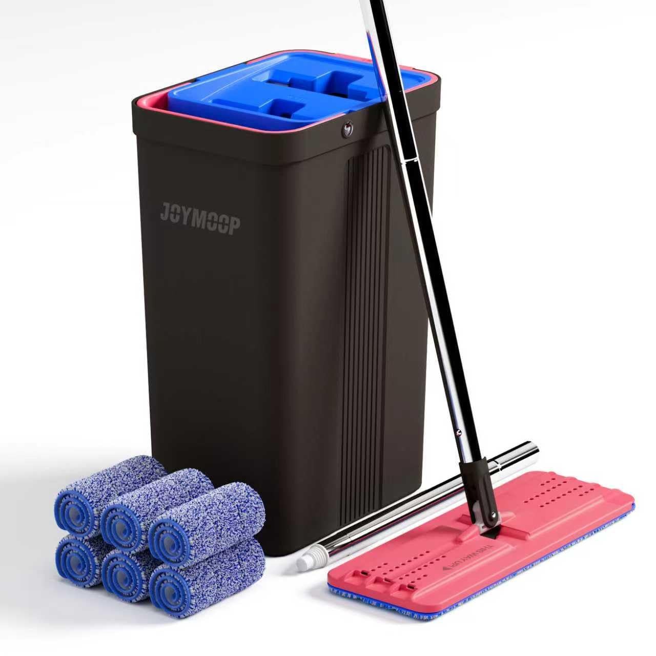 Mop and Bucket Set Hands Free Flat Floor Wringer 6 Microfiber Pads JOYMOOP Blue